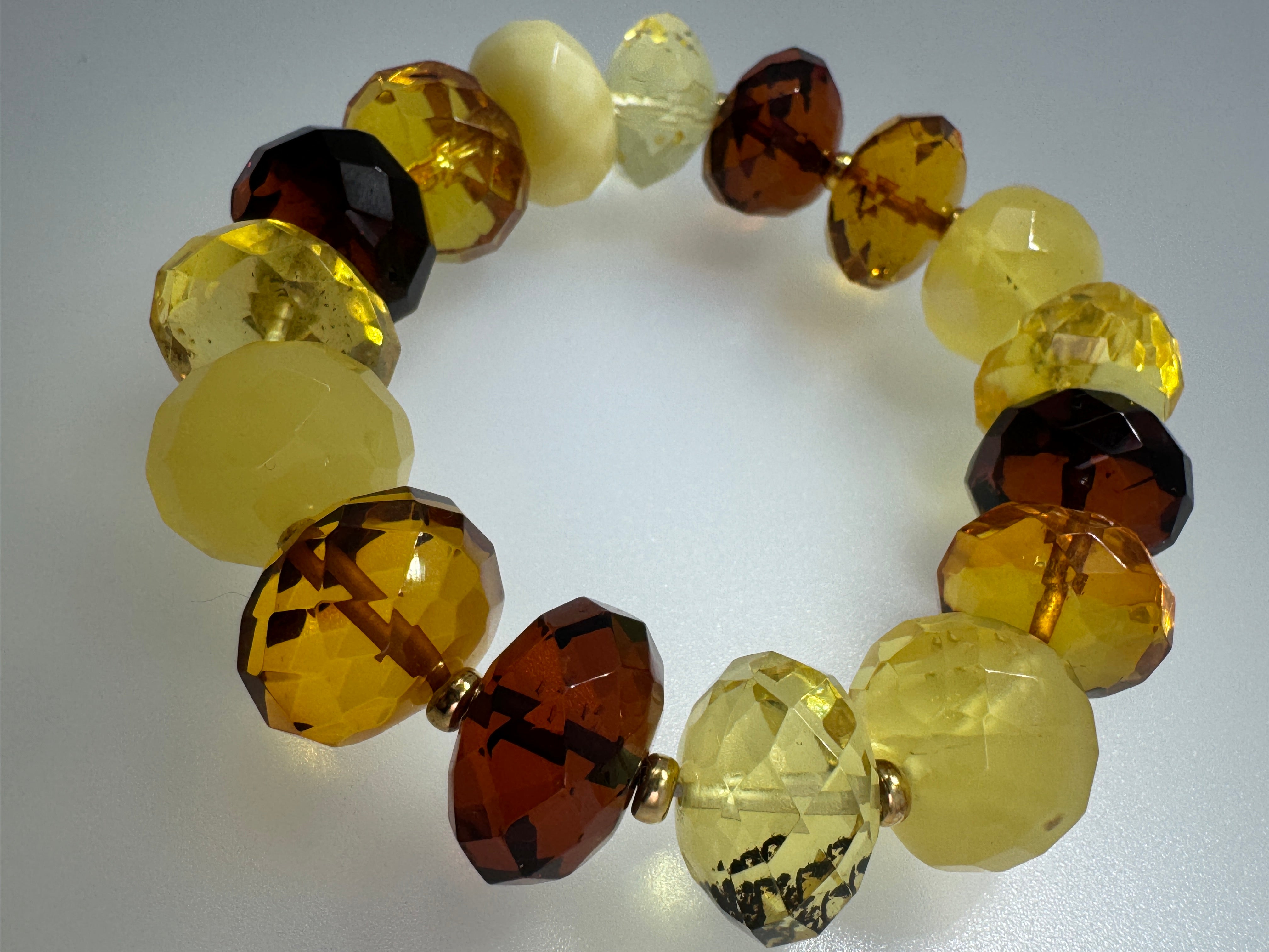 Museum Quality Faceted Baltic Amber Bracelet – Lemon, Cognac, Cherry Amber with Gold Sterling Beads
