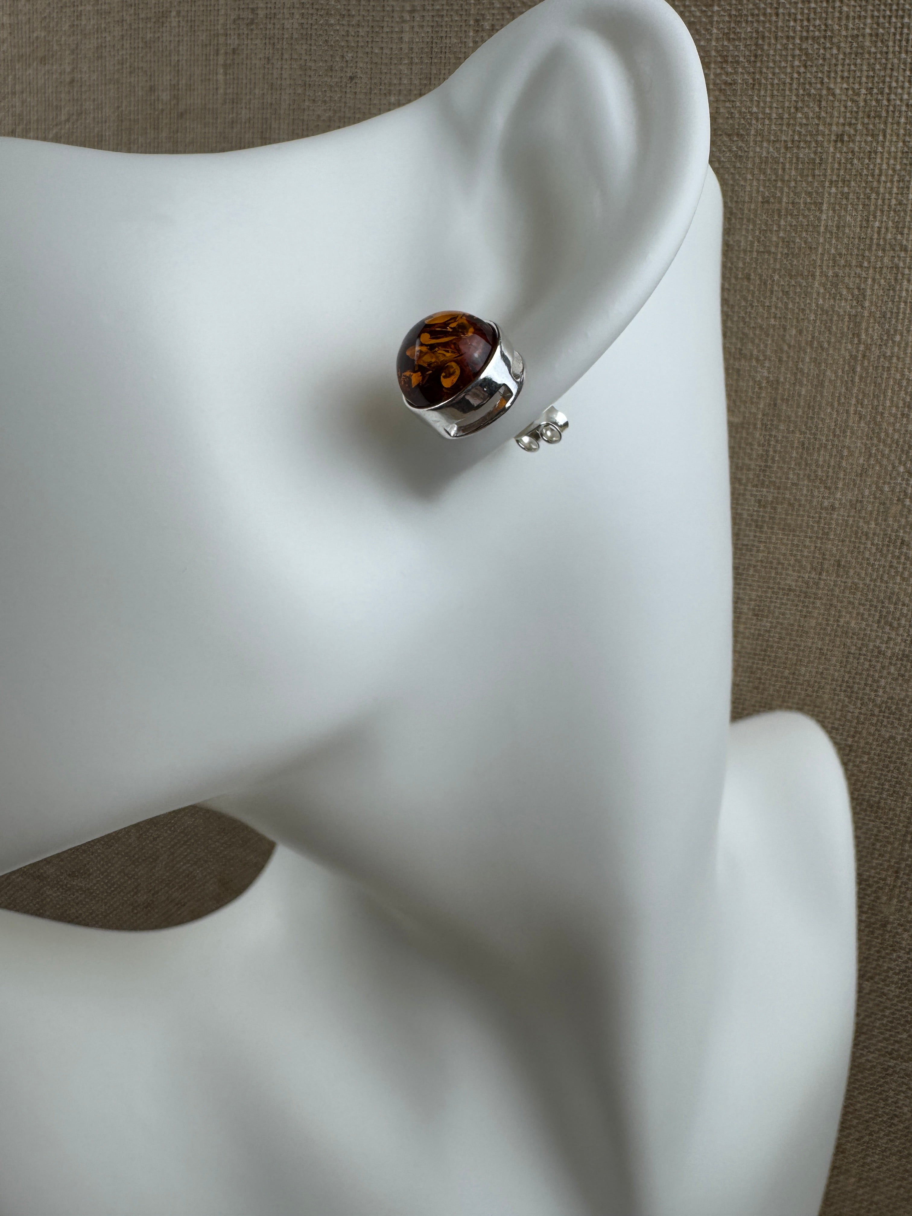 Classic Round Cognac Amber Stud Earrings – 10 mm Cabochon in Sterling Silver
