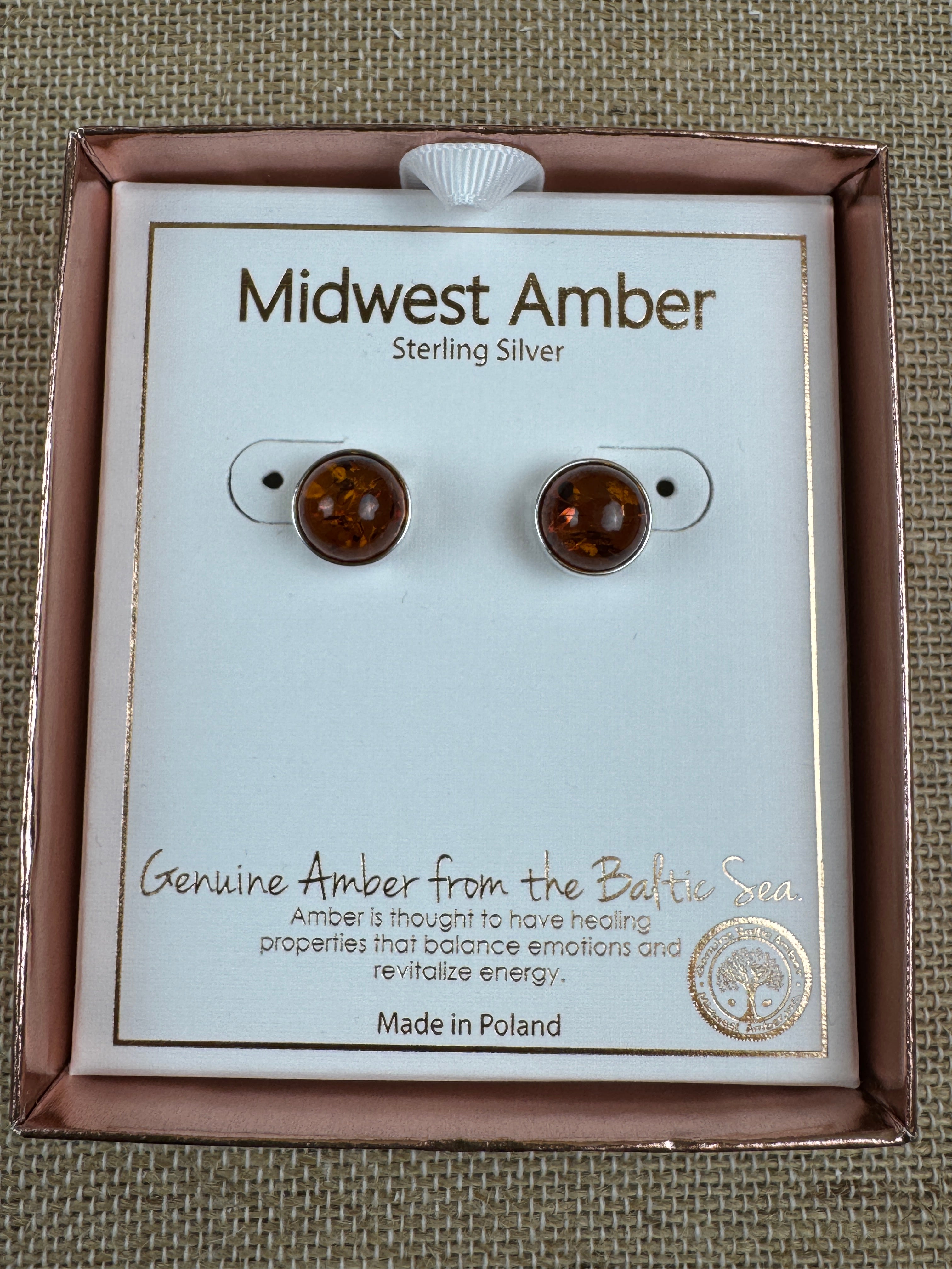 Classic Round Cognac Amber Stud Earrings – 10 mm Cabochon in Sterling Silver