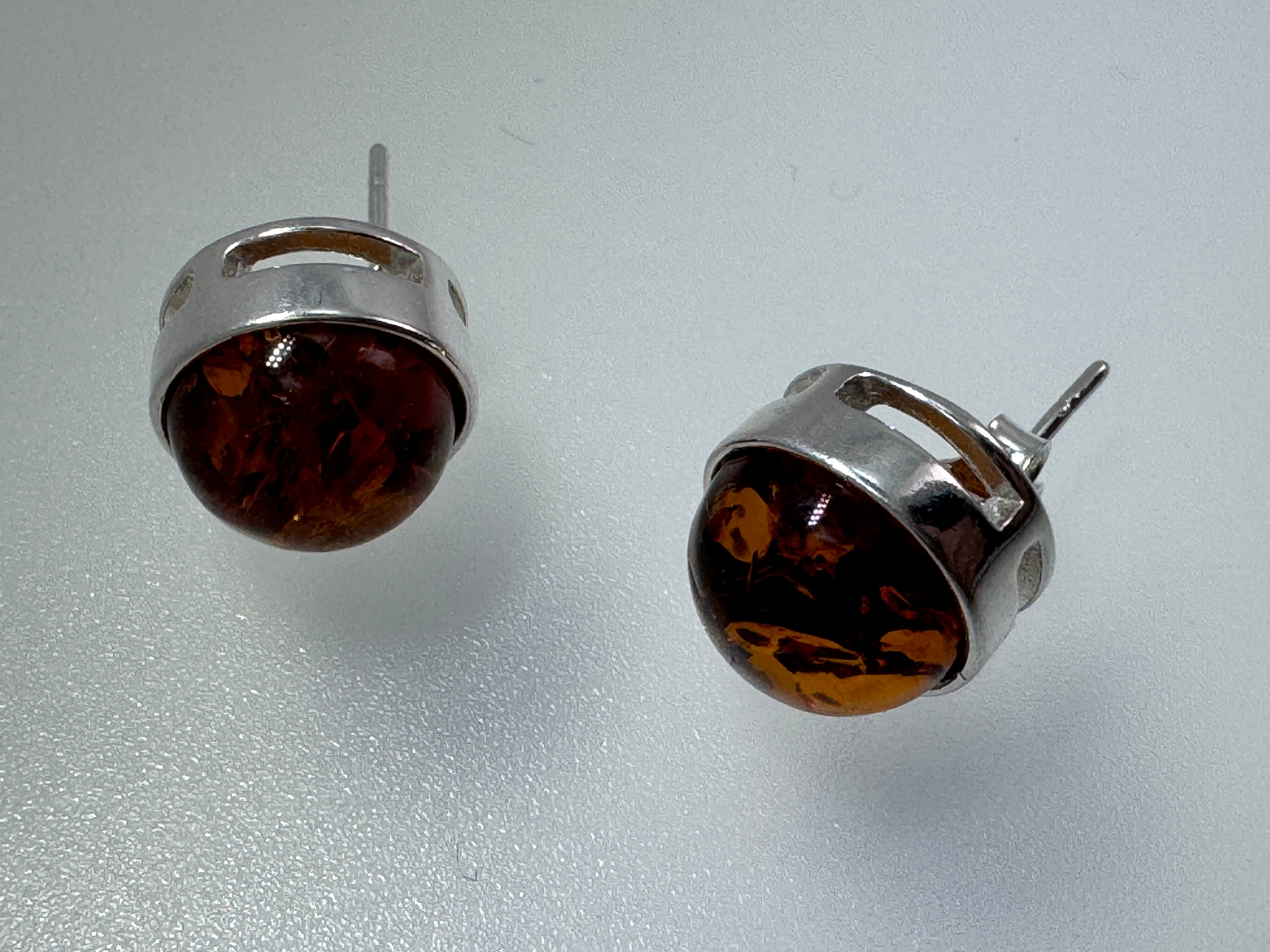 Classic Round Cognac Amber Stud Earrings – 10 mm Cabochon in Sterling Silver