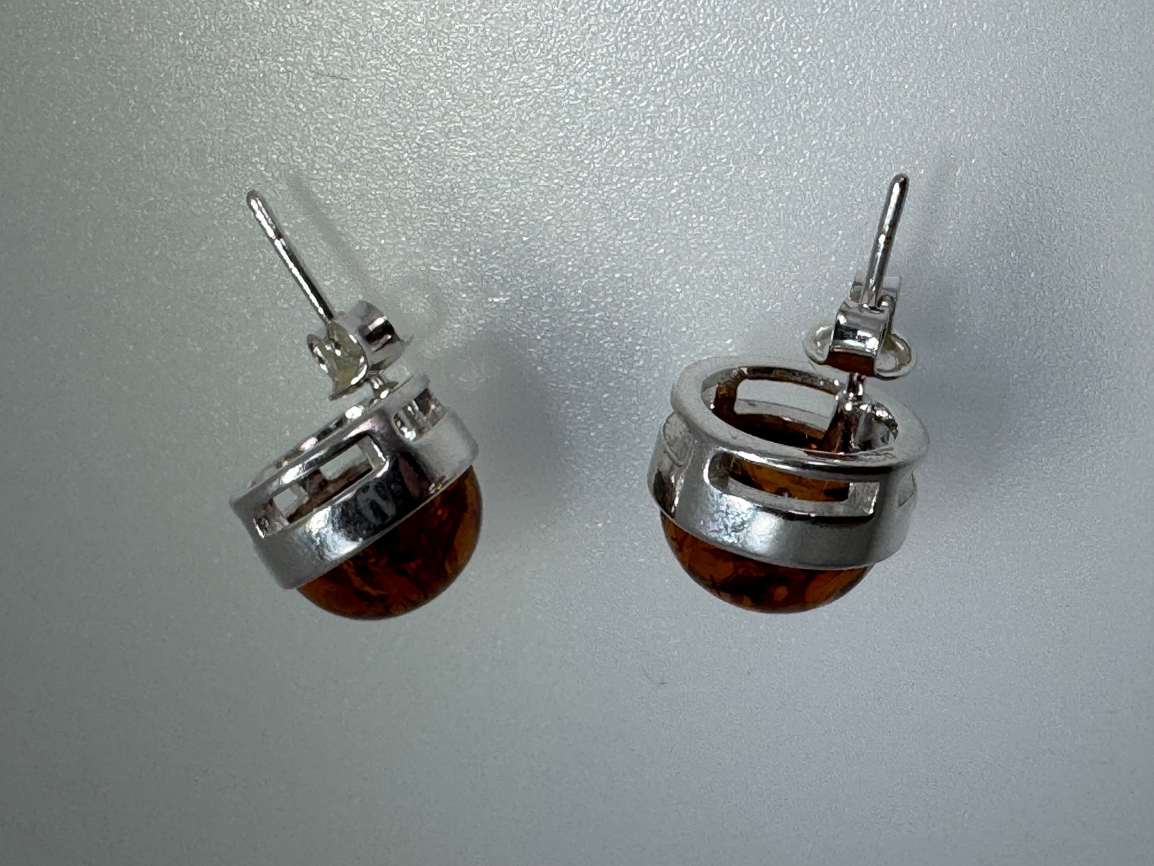 Classic Round Cognac Amber Stud Earrings – 10 mm Cabochon in Sterling Silver