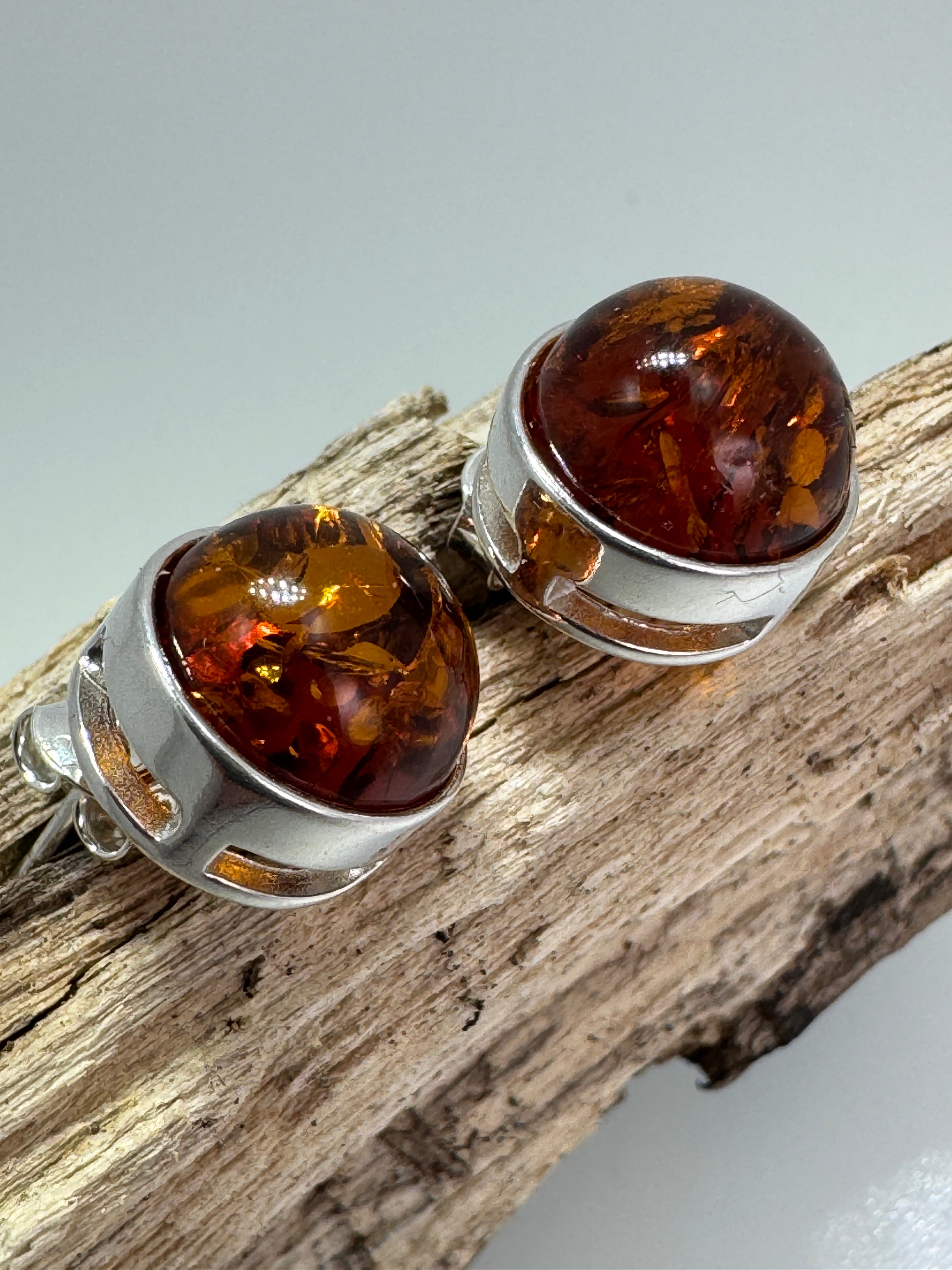 Classic Round Cognac Amber Stud Earrings – 10 mm Cabochon in Sterling Silver