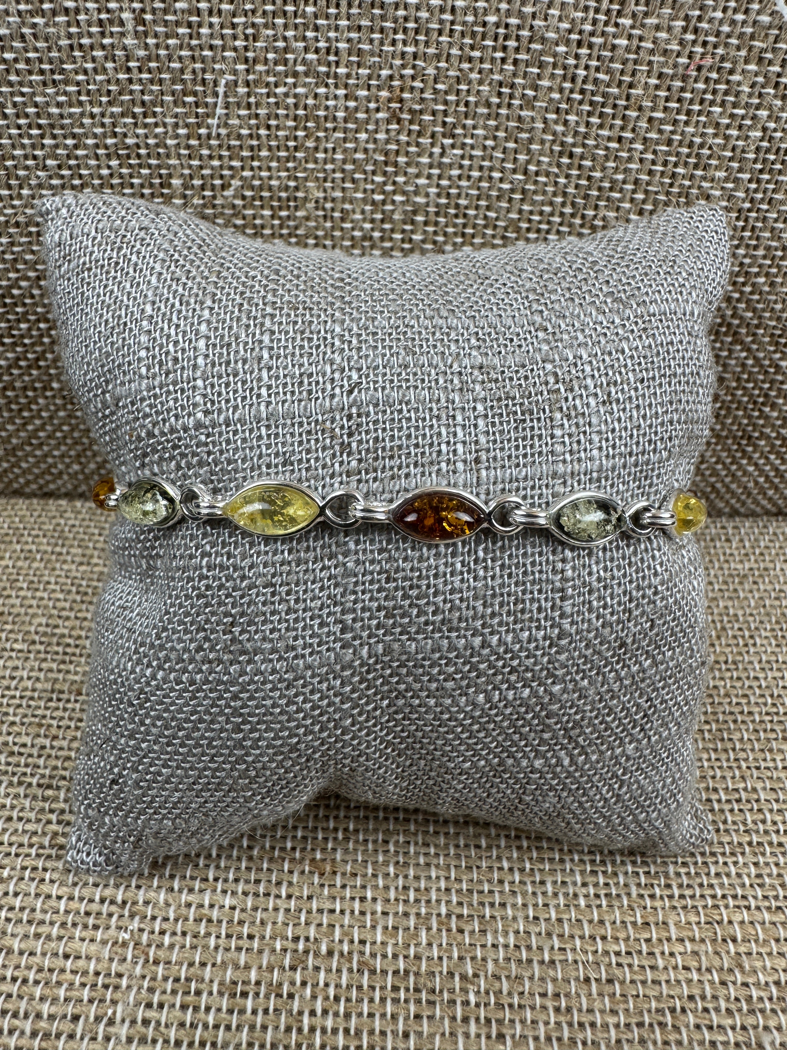 Genuine Baltic Amber Dainty Bracelet – Lemon, Green, Cognac Amber in Sterling Silver - 7.25” Sterling Silver Chain