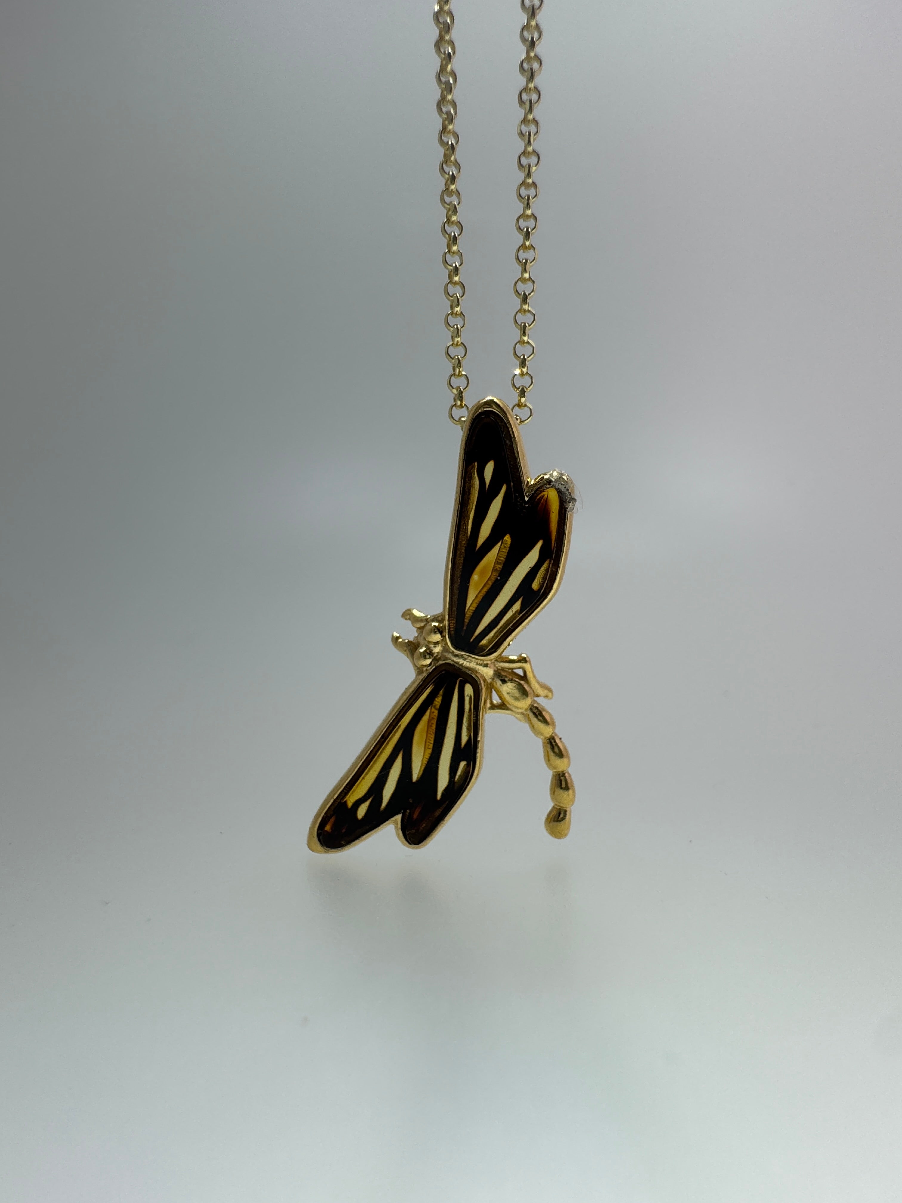 Golden Wings – Baltic Amber Dragonfly Pendant on Gold Platted Silver Chain