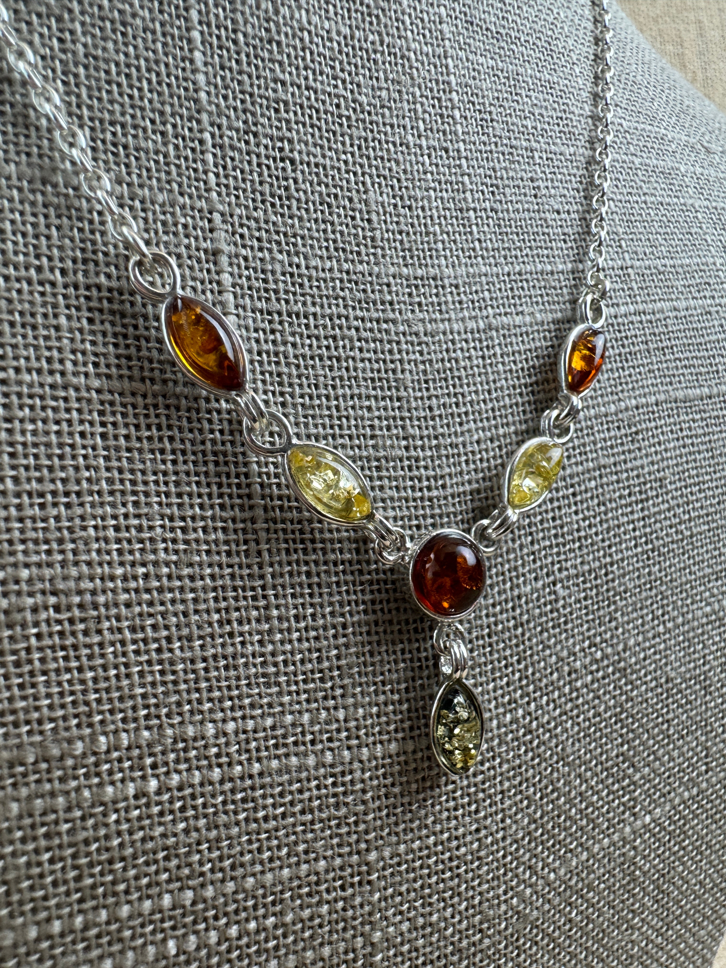 Minimalist Multicolor Baltic Amber Pendant Necklace in Sterling Silver - Green, Honey, and Lemon Amber Necklace on Box Chain – 18 Inch