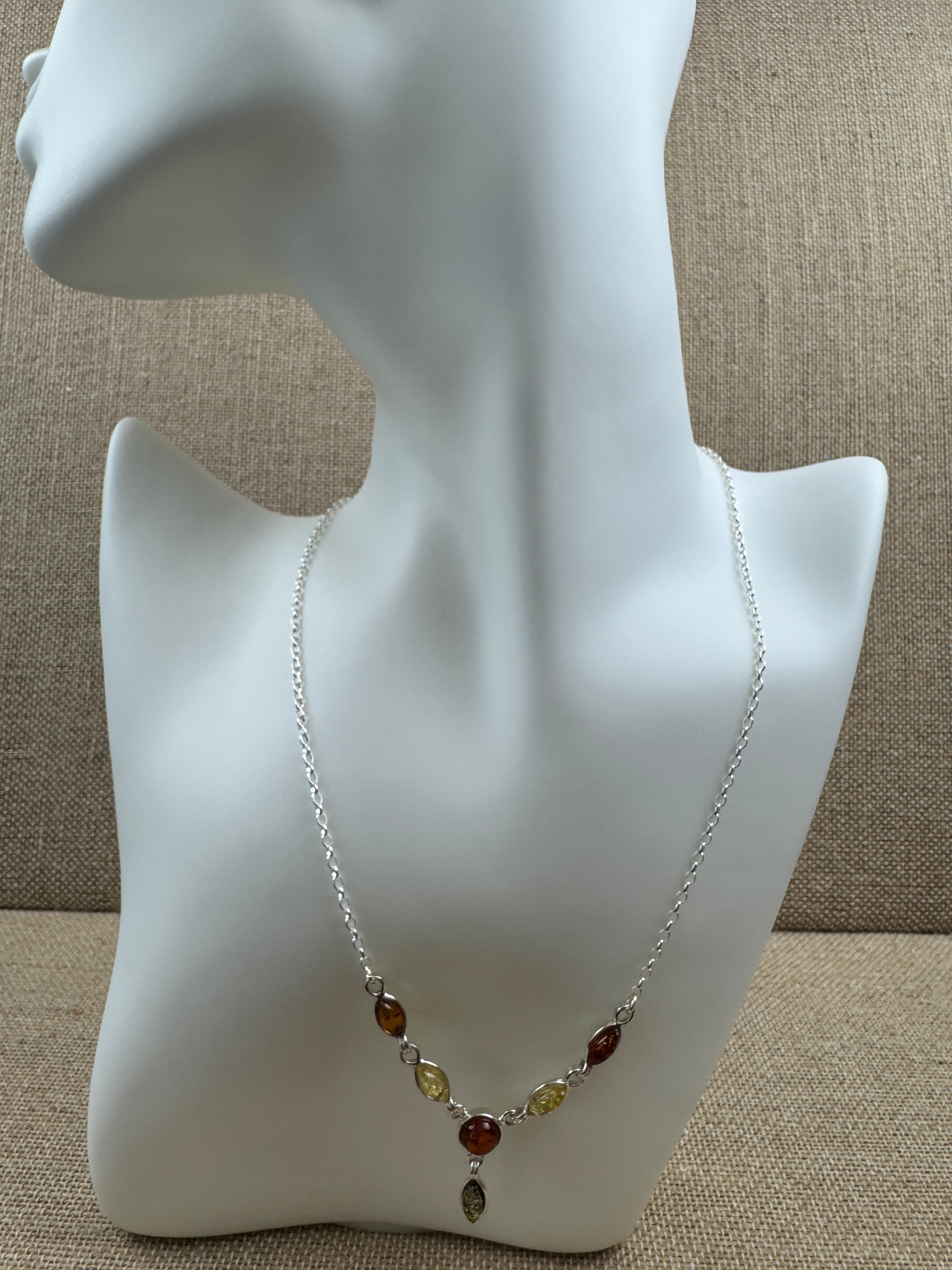 Minimalist Multicolor Baltic Amber Pendant Necklace in Sterling Silver - Green, Honey, and Lemon Amber Necklace on Box Chain – 18 Inch