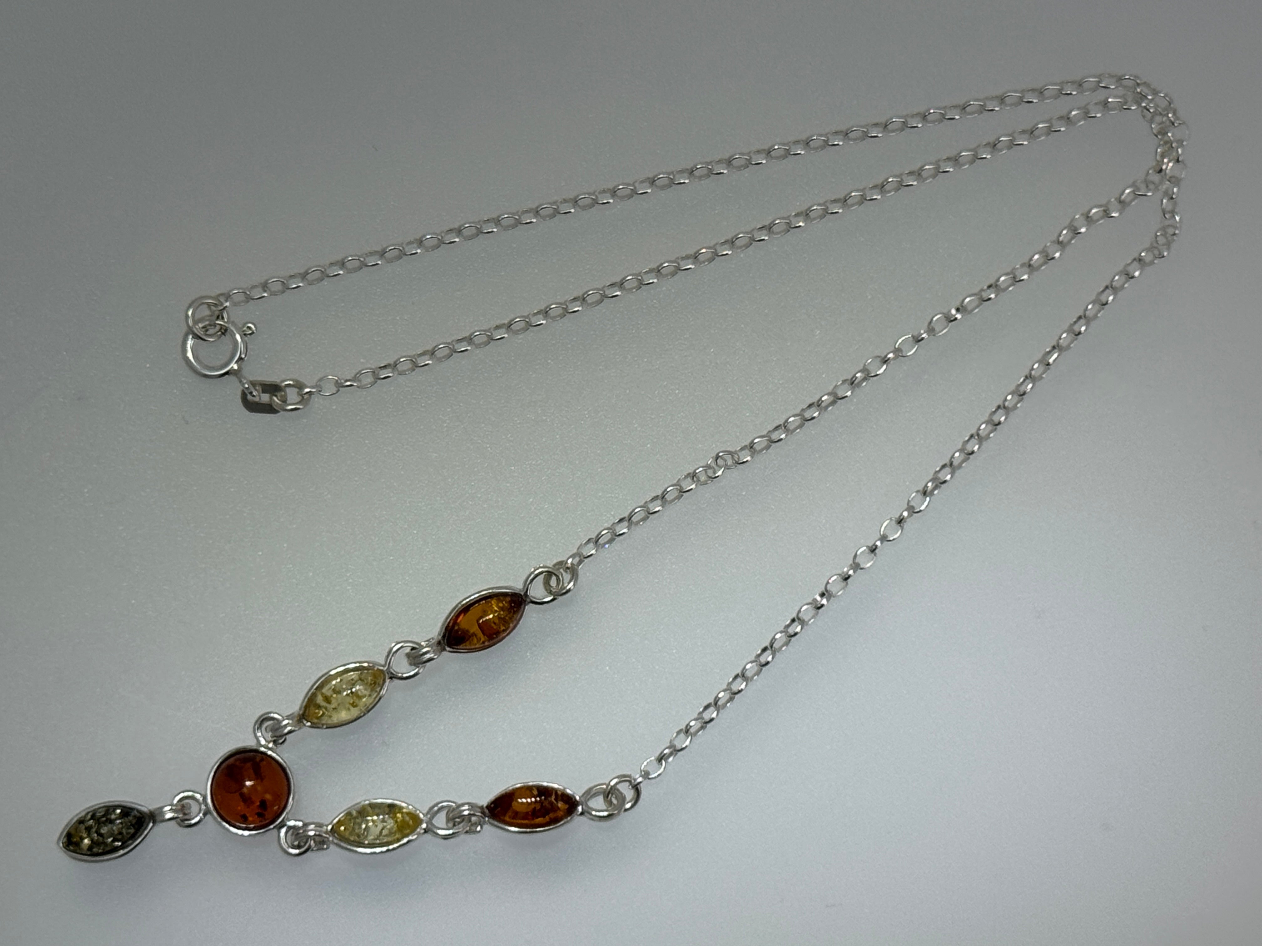 Minimalist Multicolor Baltic Amber Pendant Necklace in Sterling Silver - Green, Honey, and Lemon Amber Necklace on Box Chain – 18 Inch