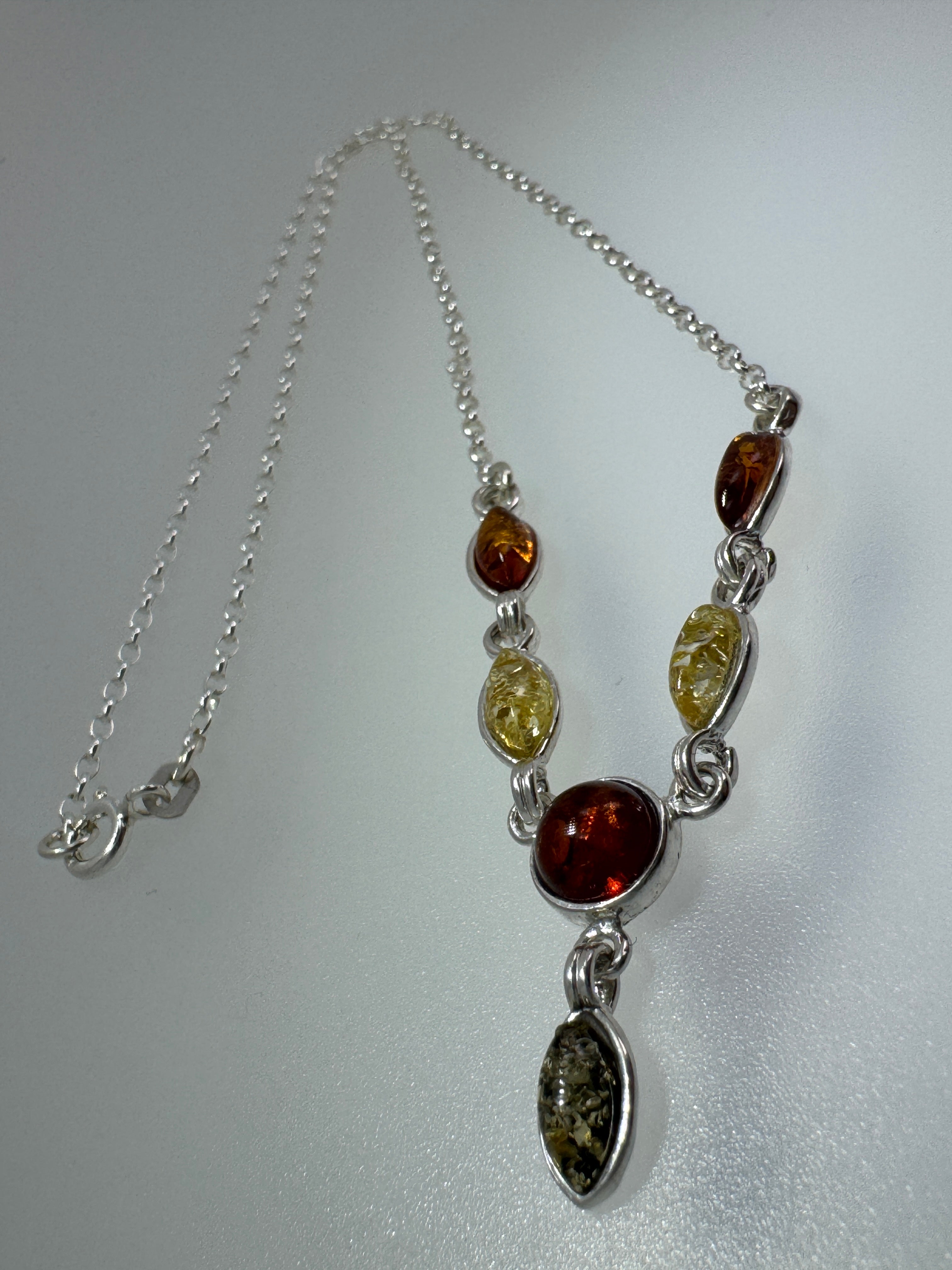 Minimalist Multicolor Baltic Amber Pendant Necklace in Sterling Silver - Green, Honey, and Lemon Amber Necklace on Box Chain – 18 Inch