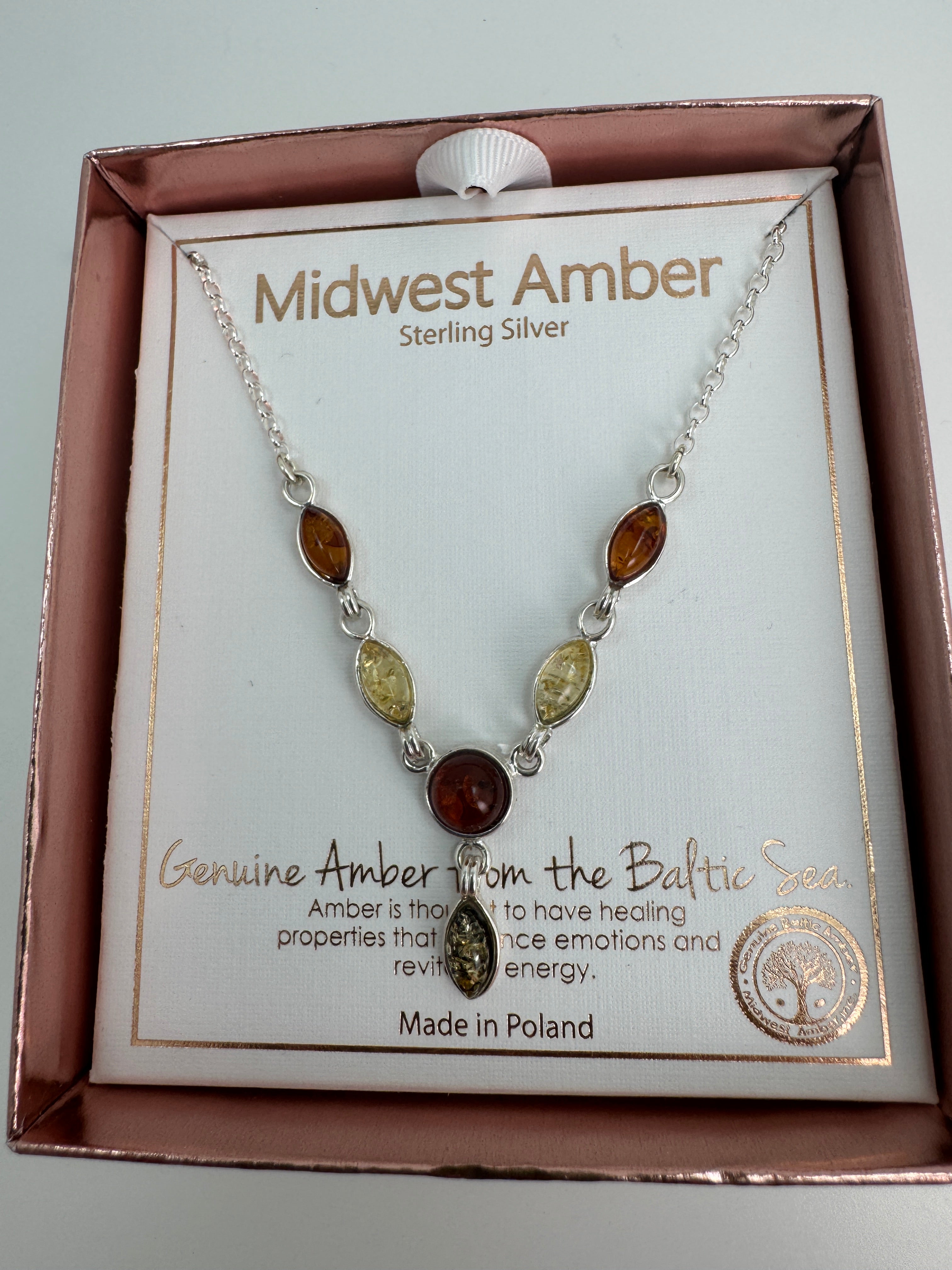 Minimalist Multicolor Baltic Amber Pendant Necklace in Sterling Silver - Green, Honey, and Lemon Amber Necklace on Box Chain – 18 Inch
