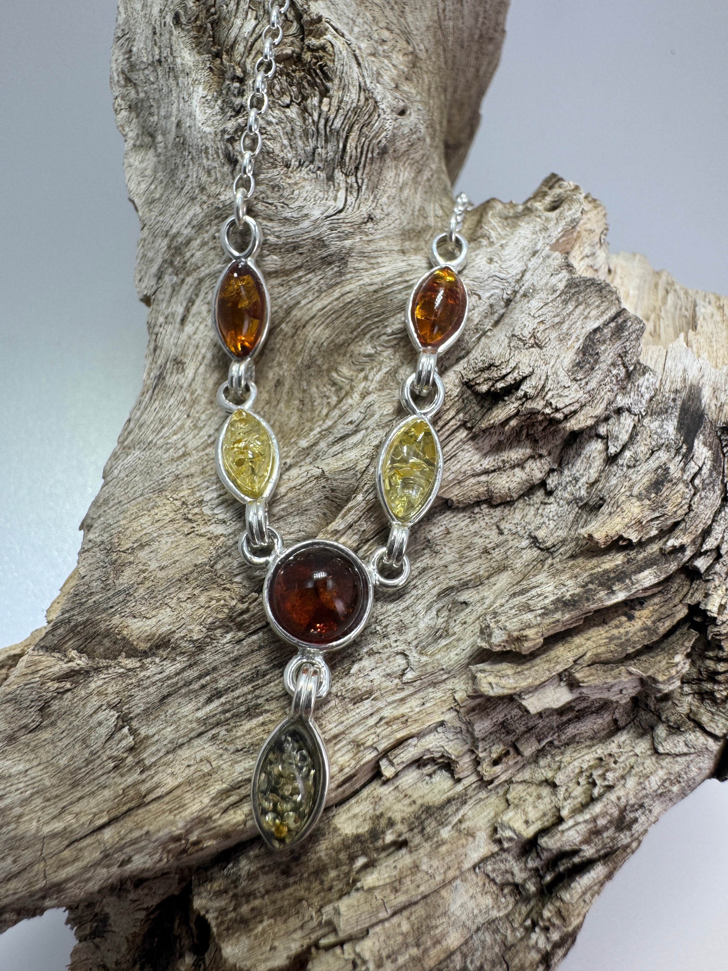Minimalist Multicolor Baltic Amber Pendant Necklace in Sterling Silver - Green, Honey, and Lemon Amber Necklace on Box Chain – 18 Inch