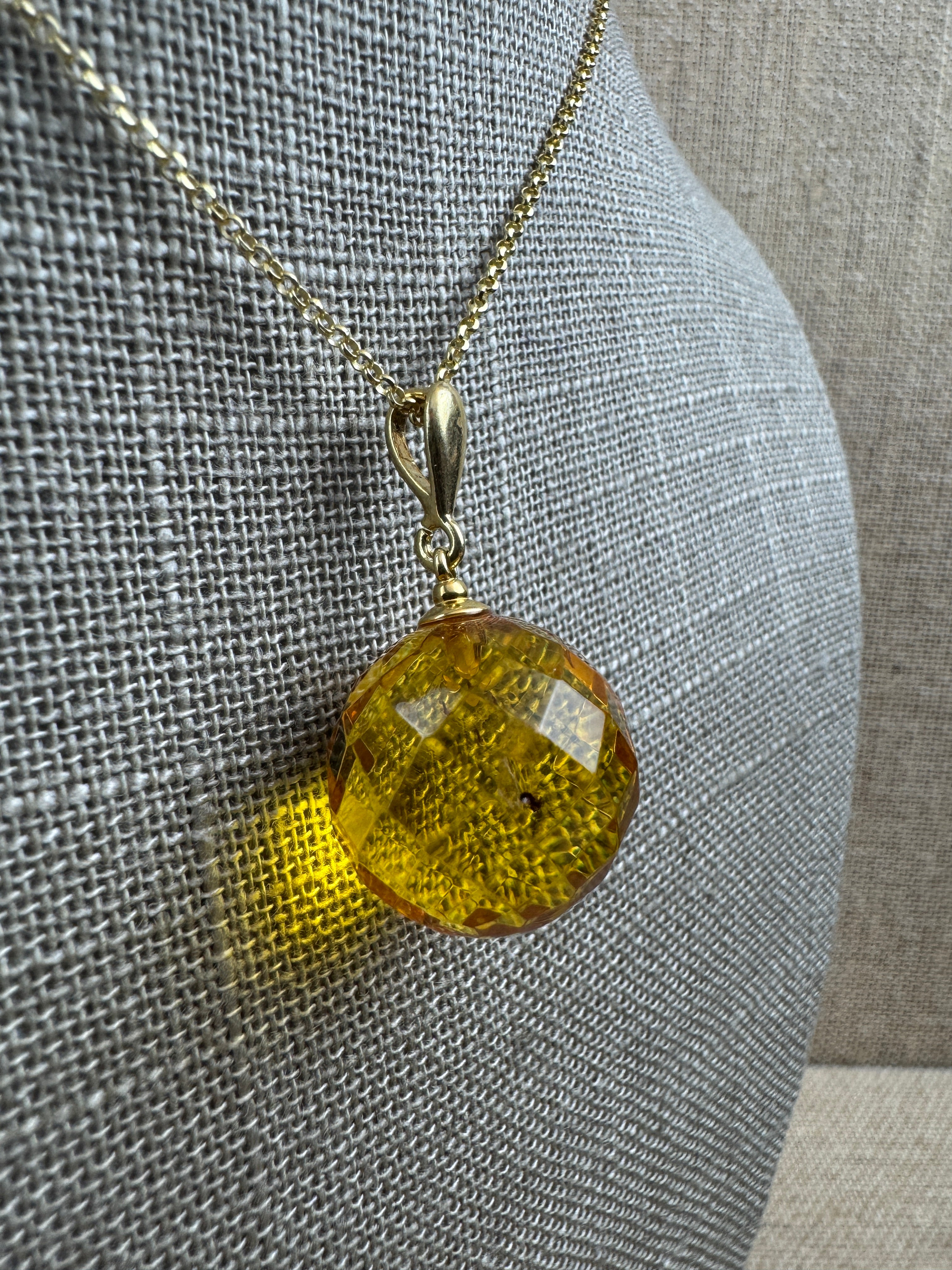 Faceted Baltic Amber Ball Pendant Shipped on Gold Platted Silver Chain