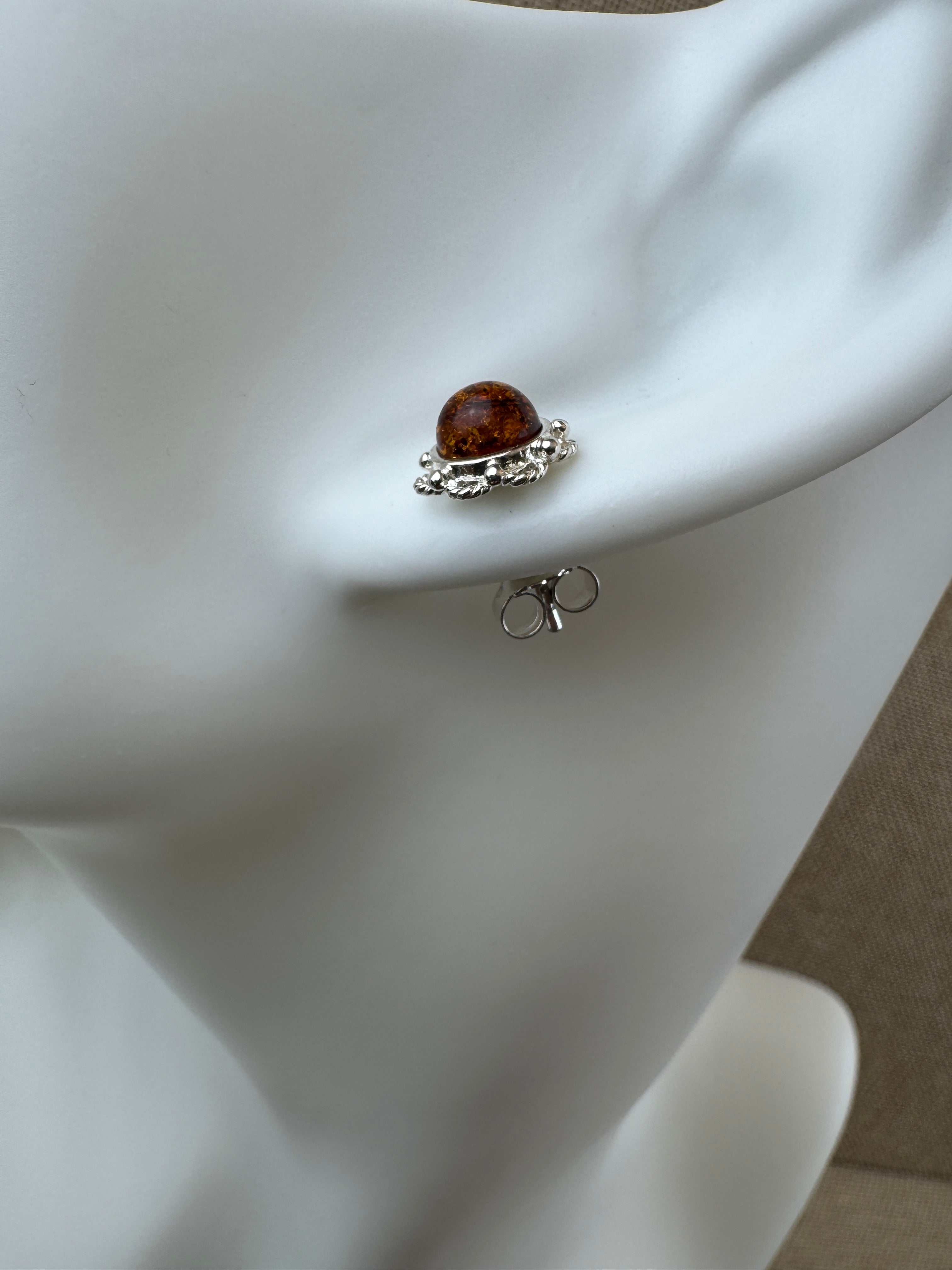 Simple Cognac Amber Post Earrings – Handmade Sterling Silver Floral Design