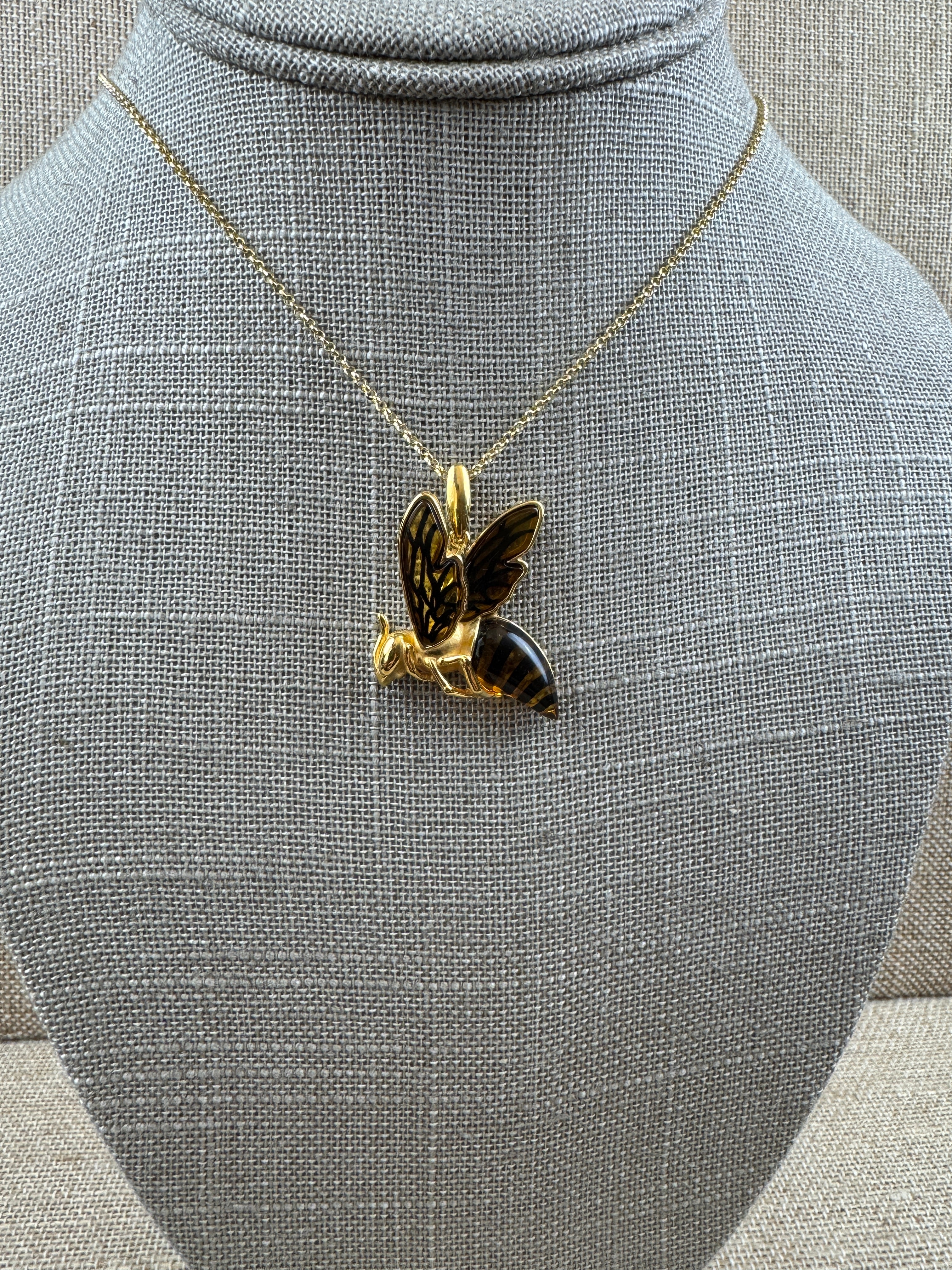 Buzzing with Beauty: Gold Platted Sterling Silver Baltic Amber Bumblebee Pendant on Gold Platted Silver Chain