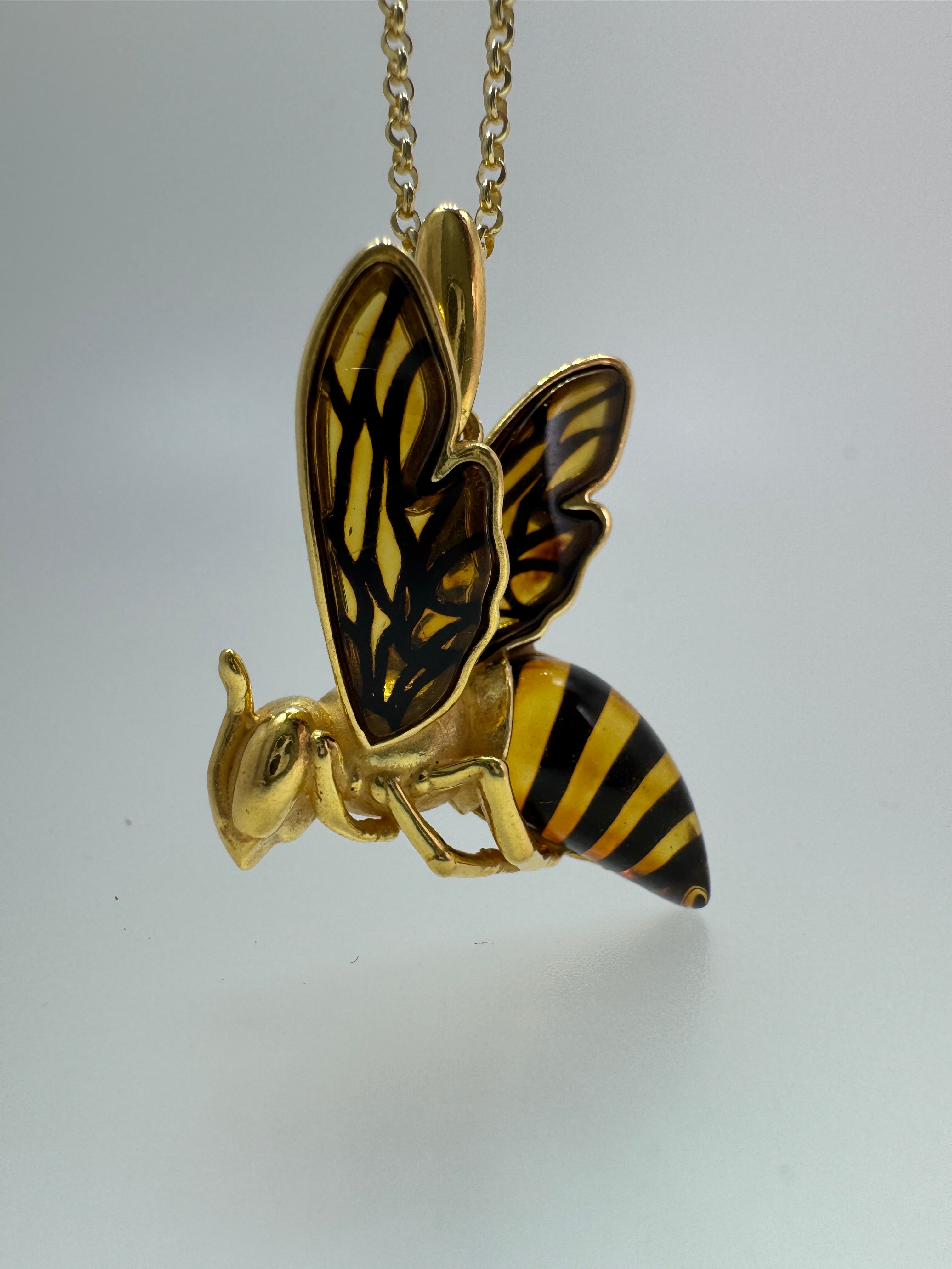 Buzzing with Beauty: Gold Platted Sterling Silver Baltic Amber Bumblebee Pendant on Gold Platted Silver Chain