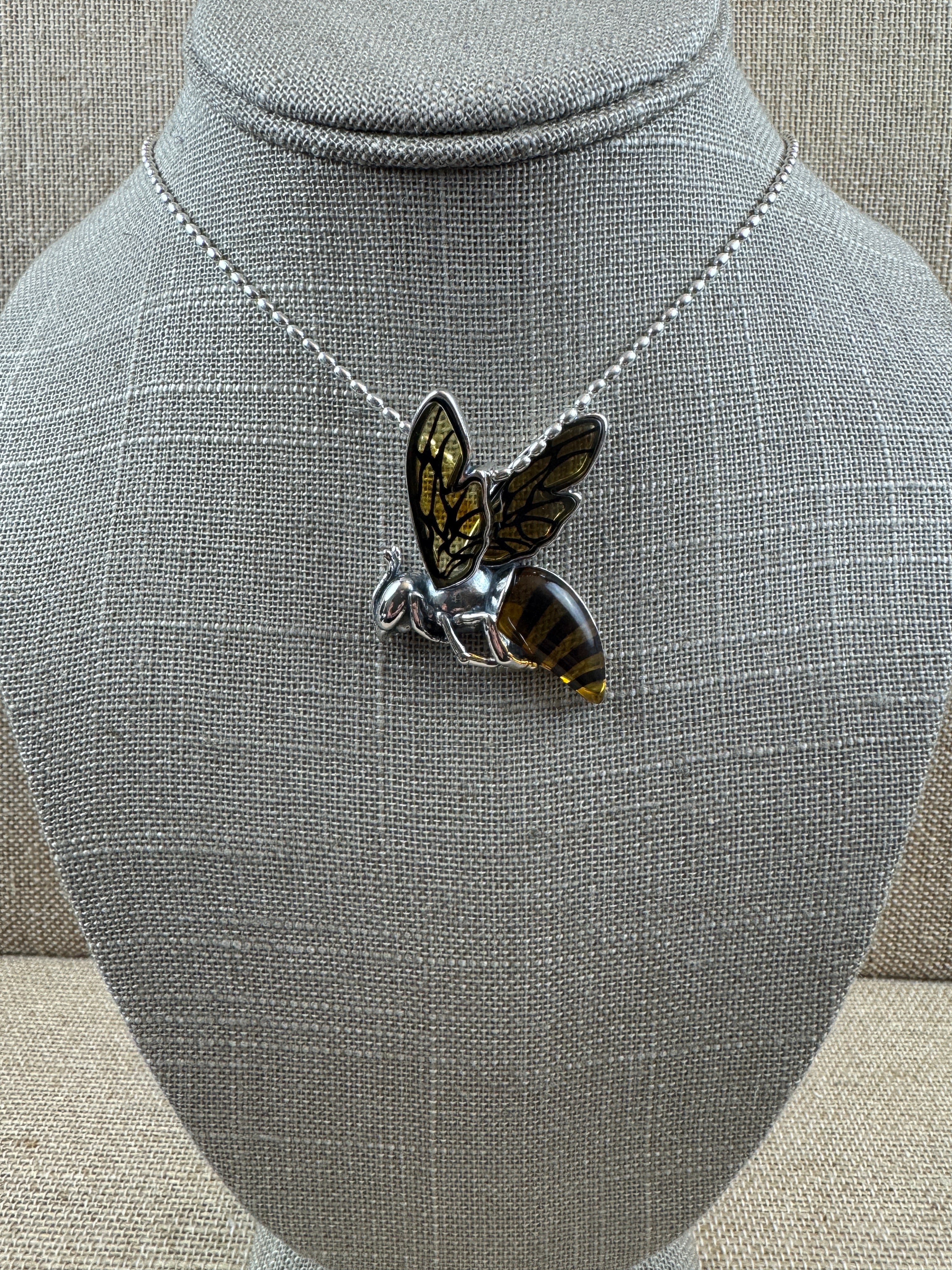 Large Baltic Amber Bumblebee Pendant – Handmade Sterling Silver