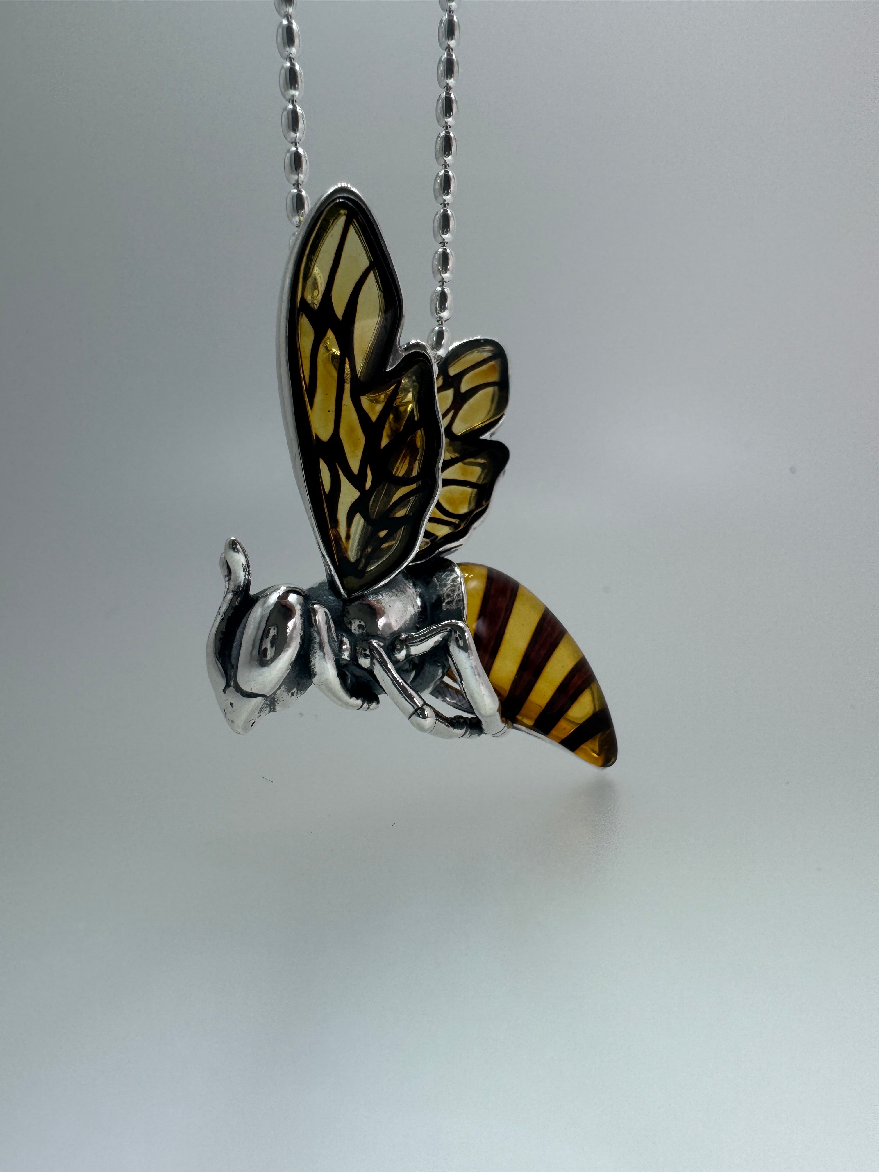 Large Baltic Amber Bumblebee Pendant – Handmade Sterling Silver