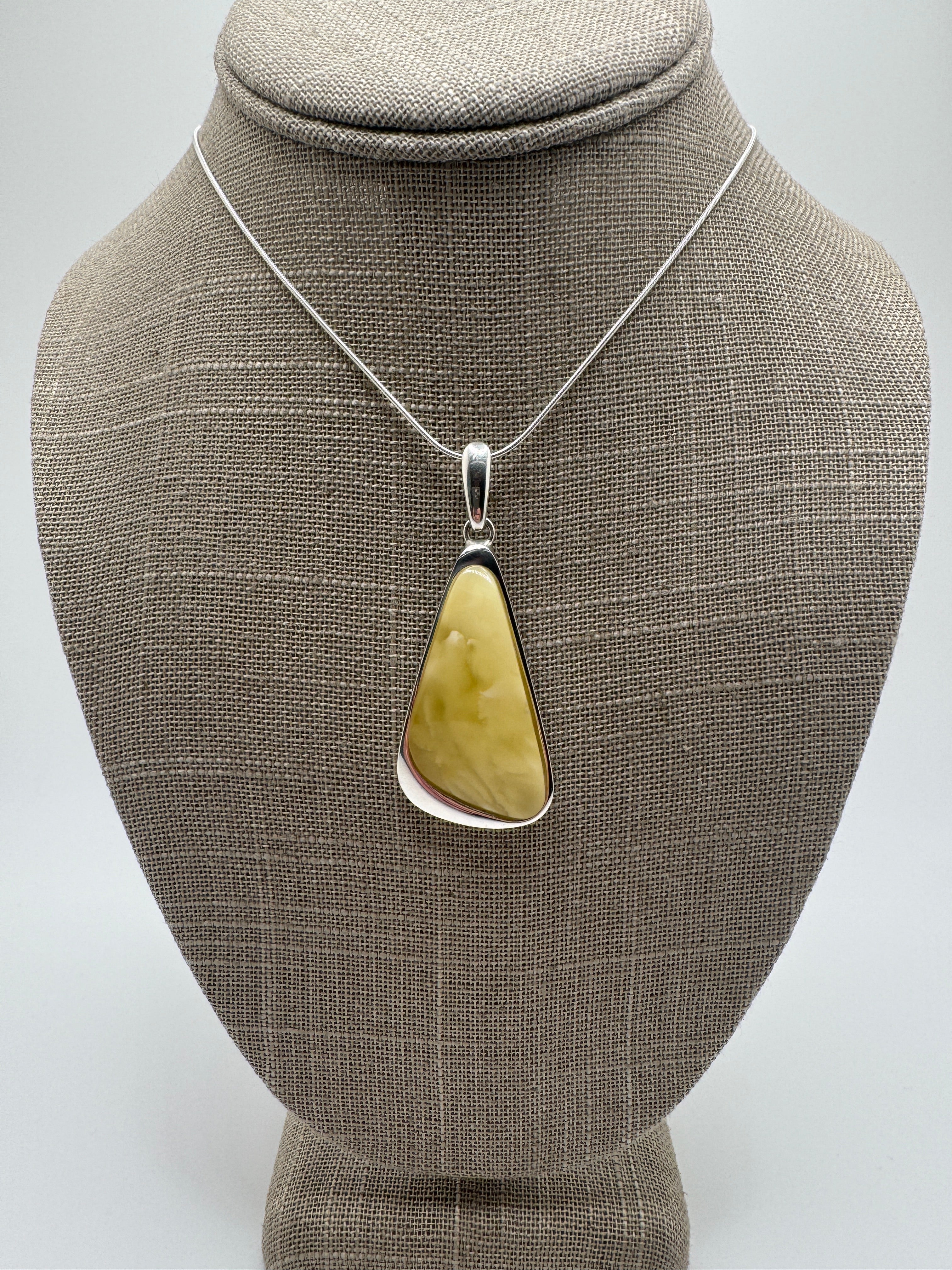 Handmade in Poland Sterling Silver Organic Triangular Pendant with Rare Butterscotch Baltic Amber – Modern Statement Necklace