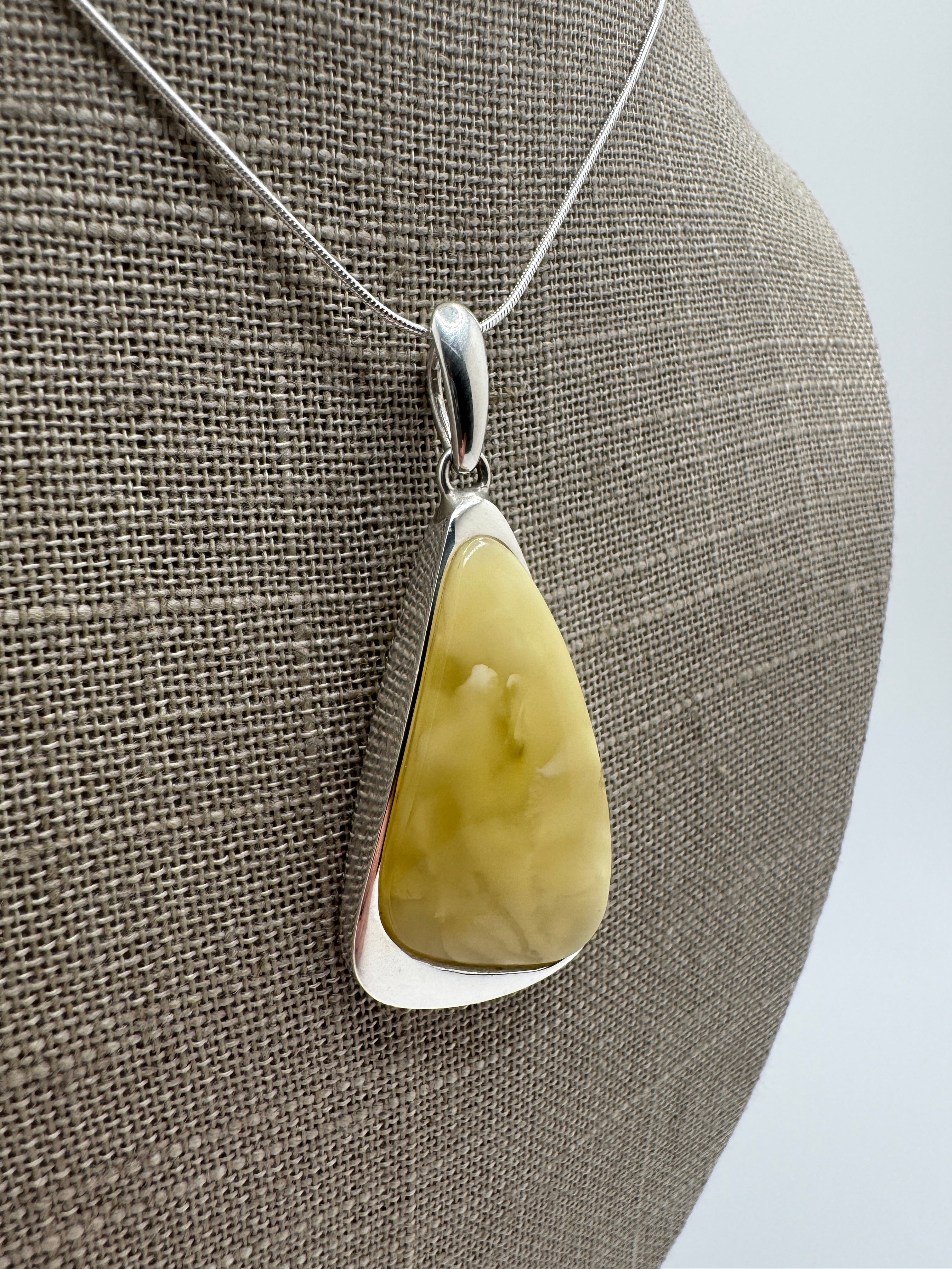 Handmade in Poland Sterling Silver Organic Triangular Pendant with Rare Butterscotch Baltic Amber – Modern Statement Necklace