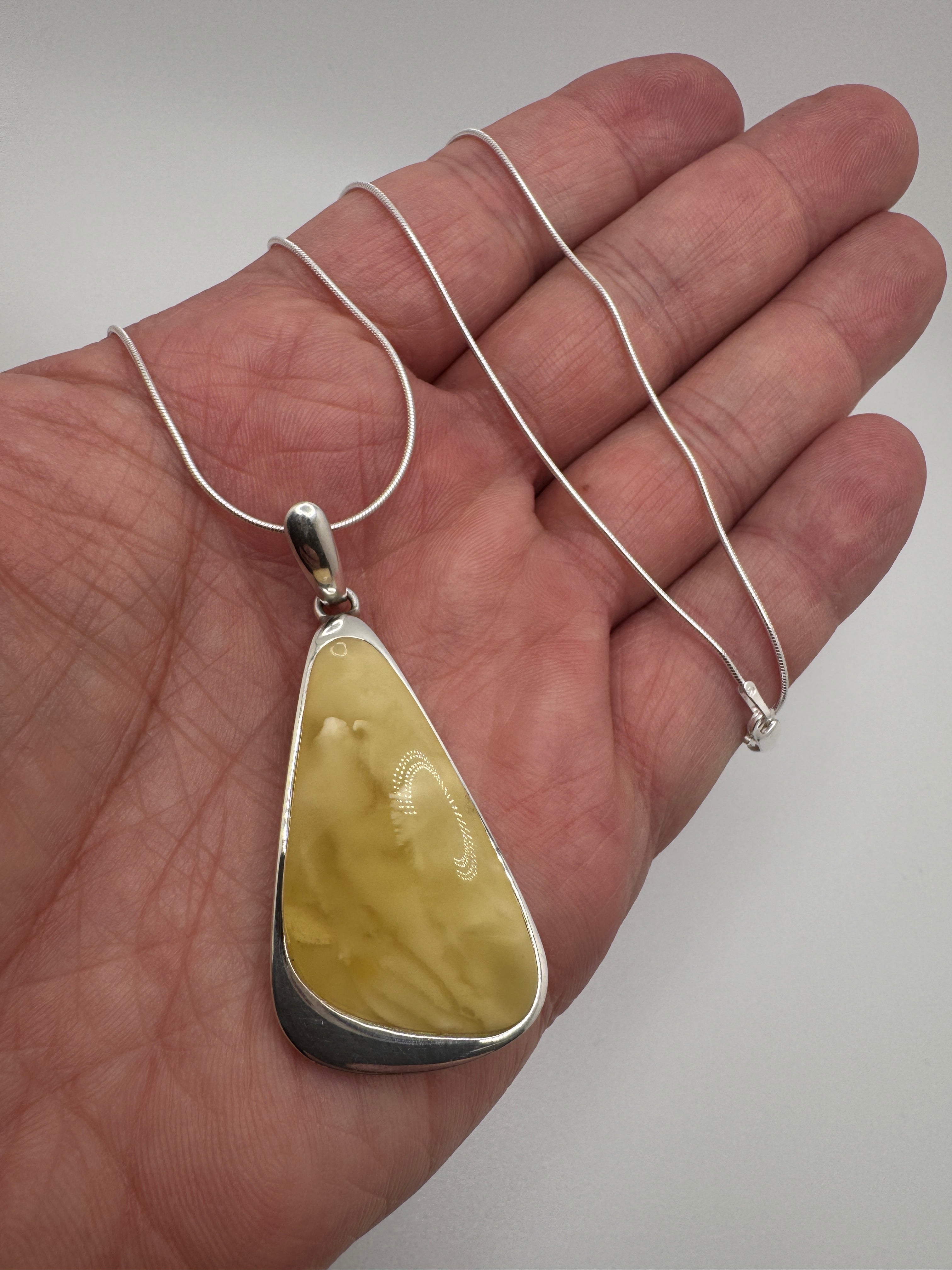 Handmade in Poland Sterling Silver Organic Triangular Pendant with Rare Butterscotch Baltic Amber – Modern Statement Necklace