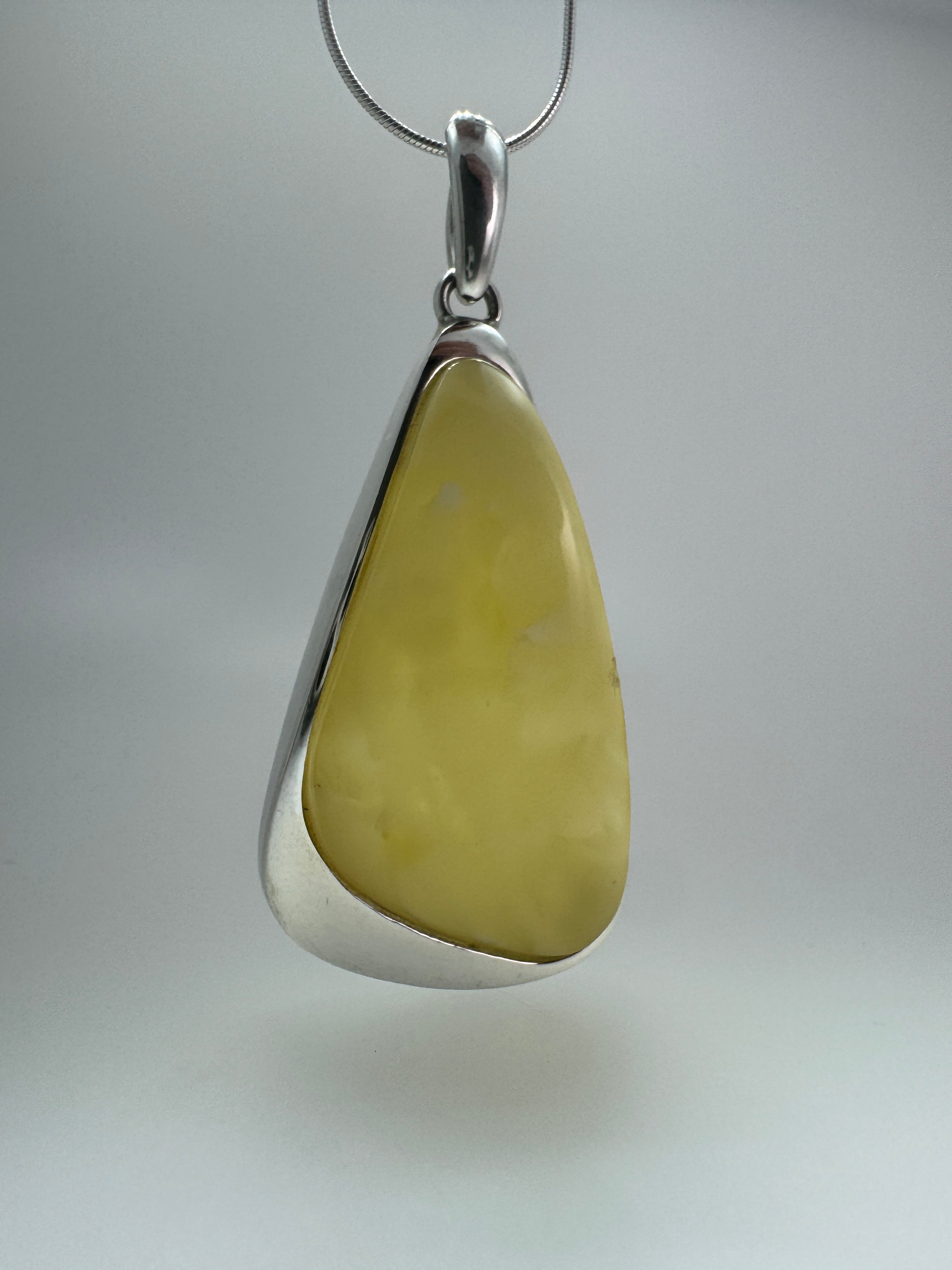 Handmade in Poland Sterling Silver Organic Triangular Pendant with Rare Butterscotch Baltic Amber – Modern Statement Necklace