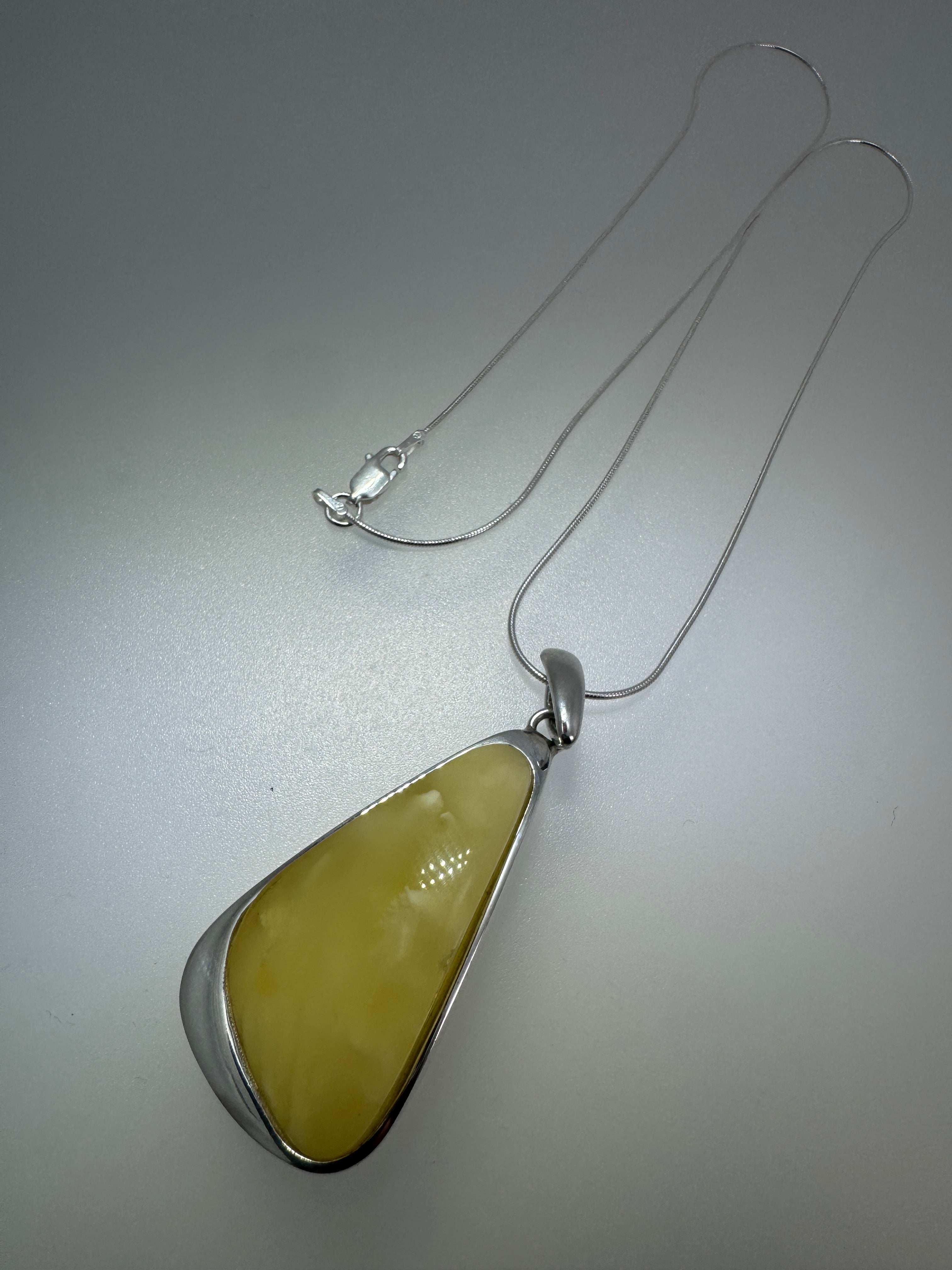 Handmade in Poland Sterling Silver Organic Triangular Pendant with Rare Butterscotch Baltic Amber – Modern Statement Necklace