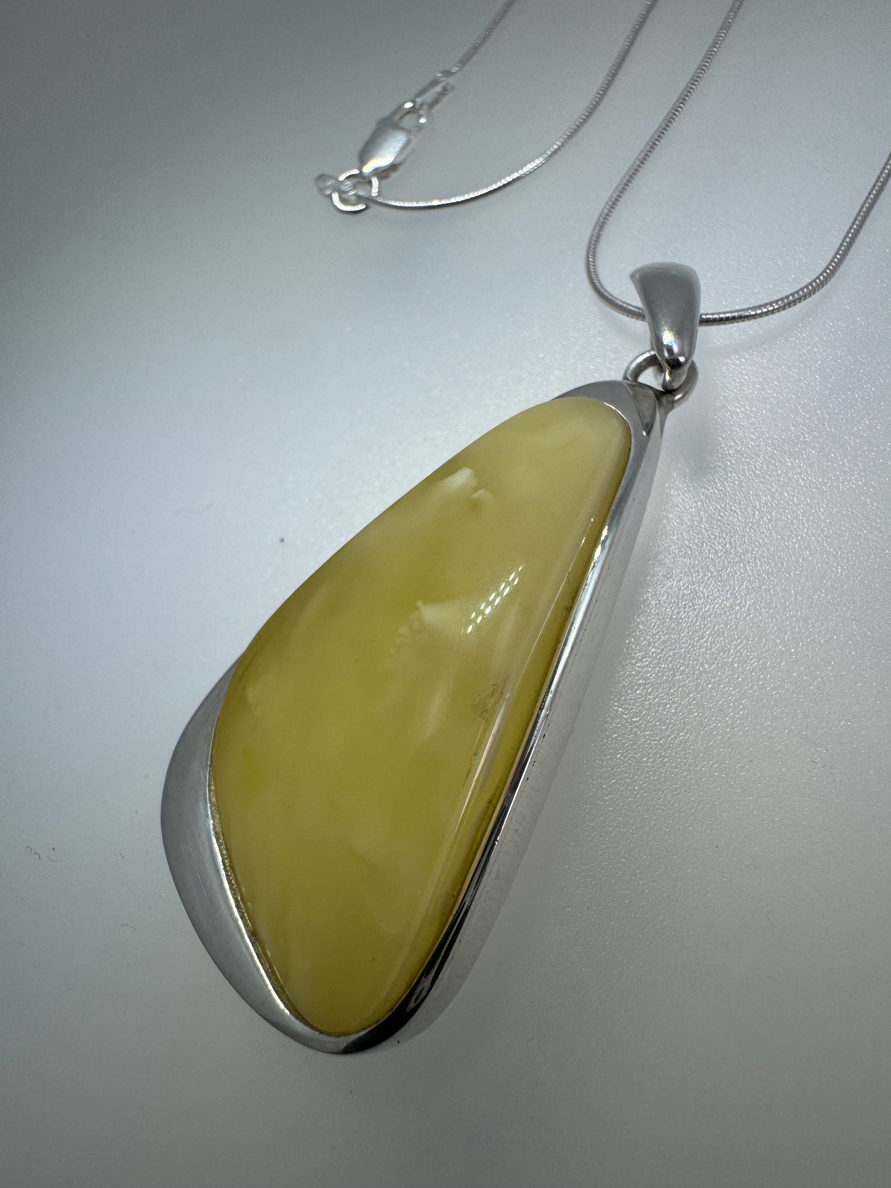 Handmade in Poland Sterling Silver Organic Triangular Pendant with Rare Butterscotch Baltic Amber – Modern Statement Necklace