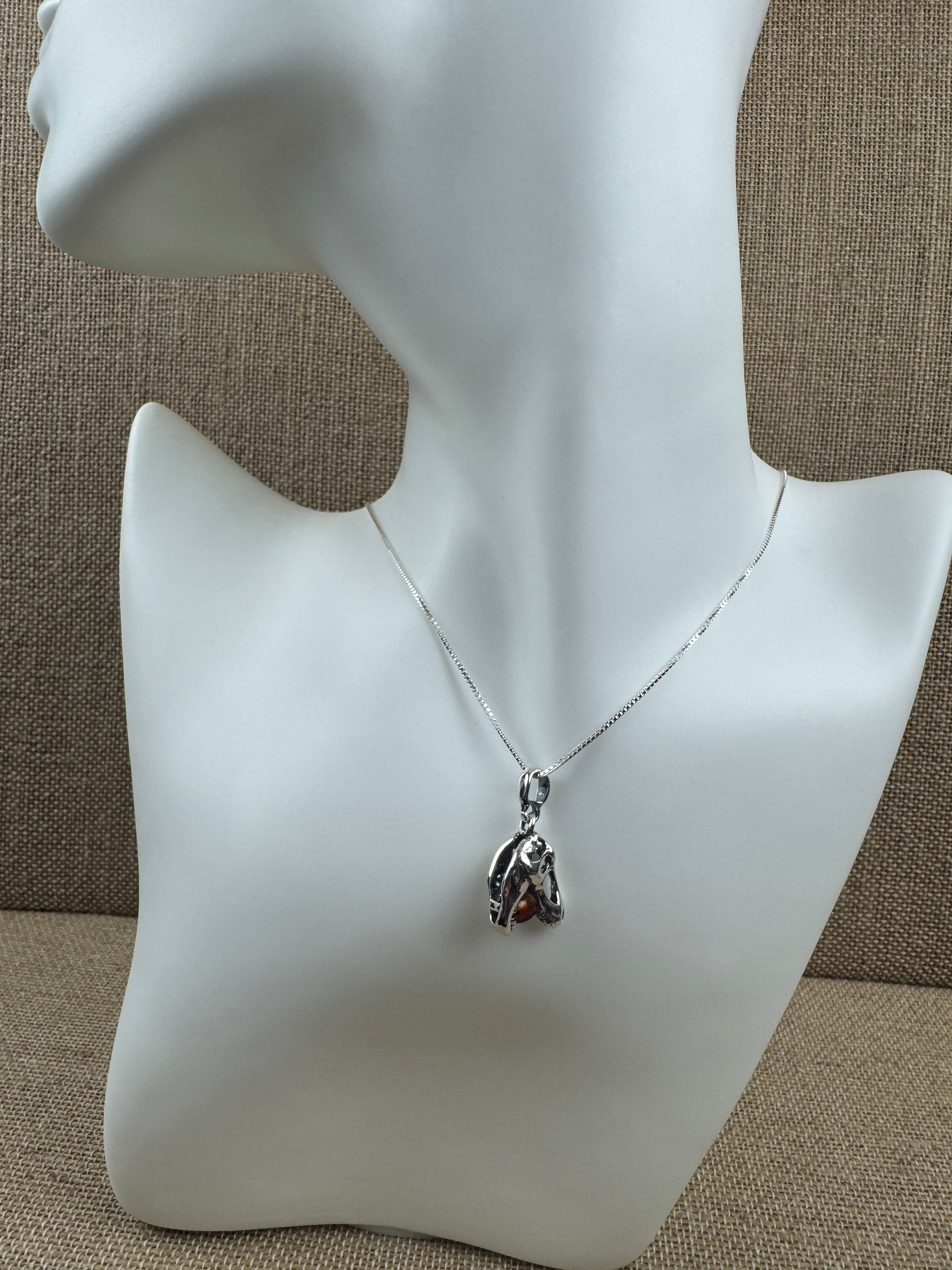 Small Sterling Silver Tyrannosaurus Rex Pendant with Baltic Amber – Kid-Friendly Dino Power - Dinosaur Jewelry
