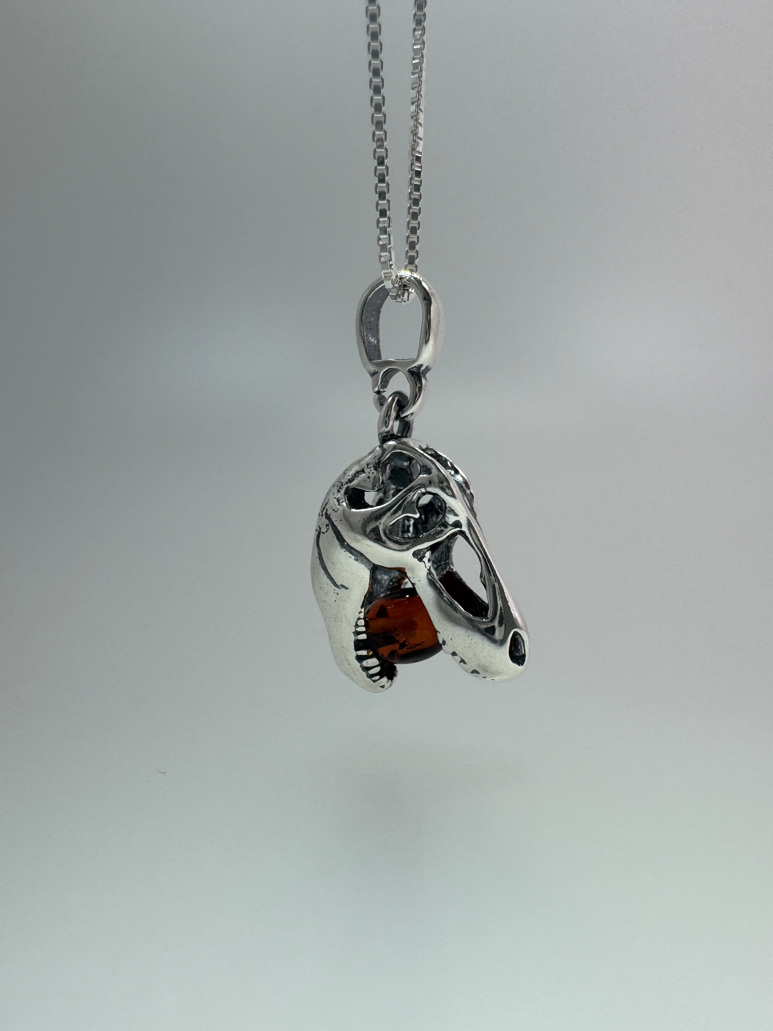 Small Sterling Silver Tyrannosaurus Rex Pendant with Baltic Amber – Kid-Friendly Dino Power - Dinosaur Jewelry