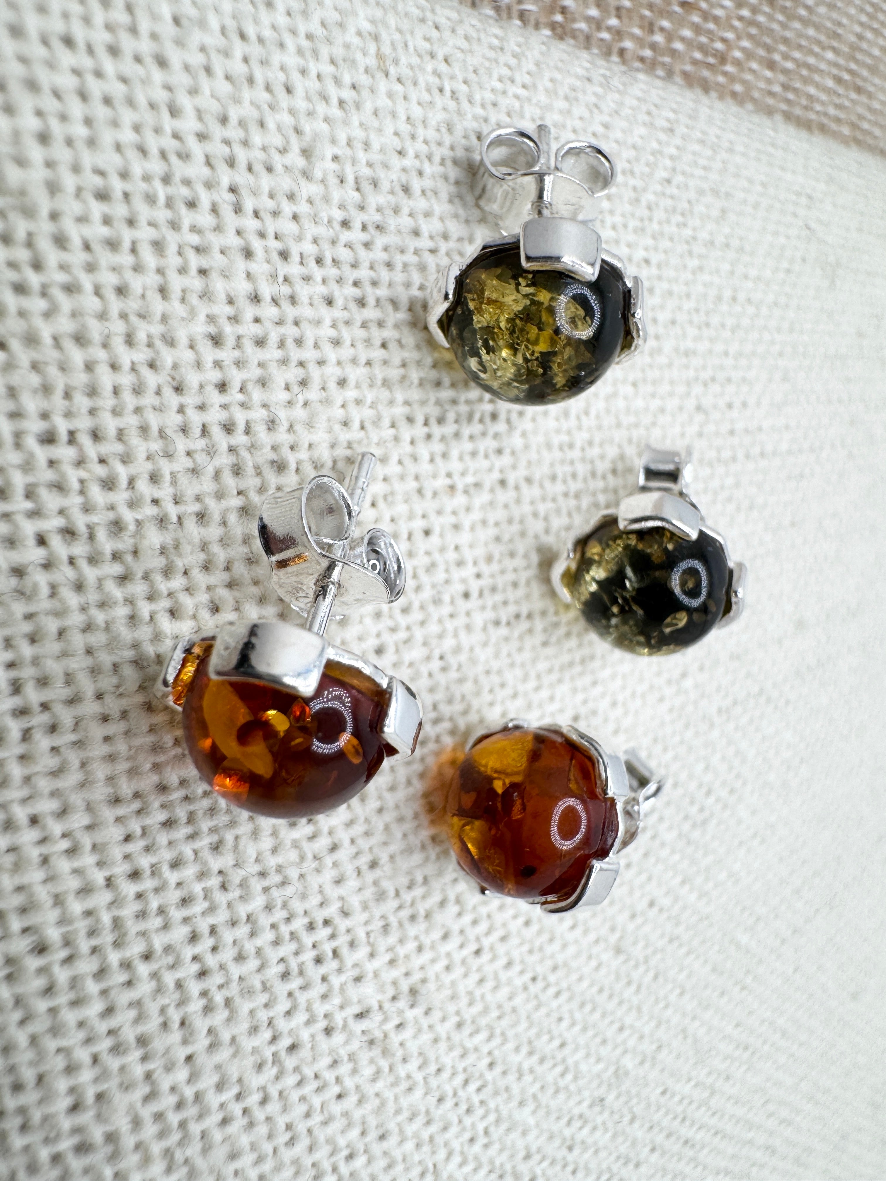Handmade Sterling Silver & Baltic Amber Stud Earrings – Cognac or Green Round 8mm Stone – Lightweight Post Earrings from Poland