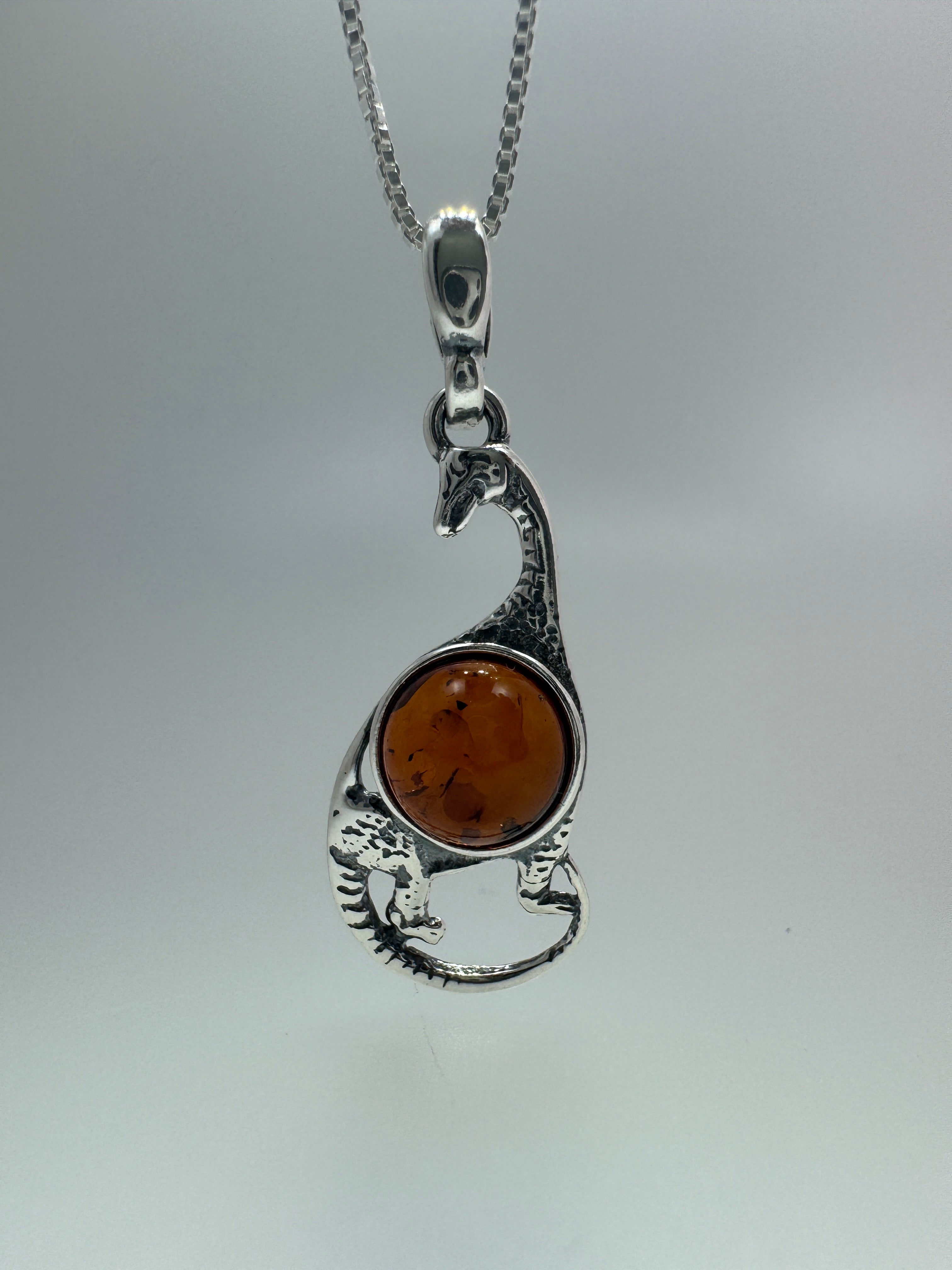 Sterling Silver Brontosaurus Pendant with Baltic Amber – Gentle Giant for Dino Lovers - Shipped on Silver chain