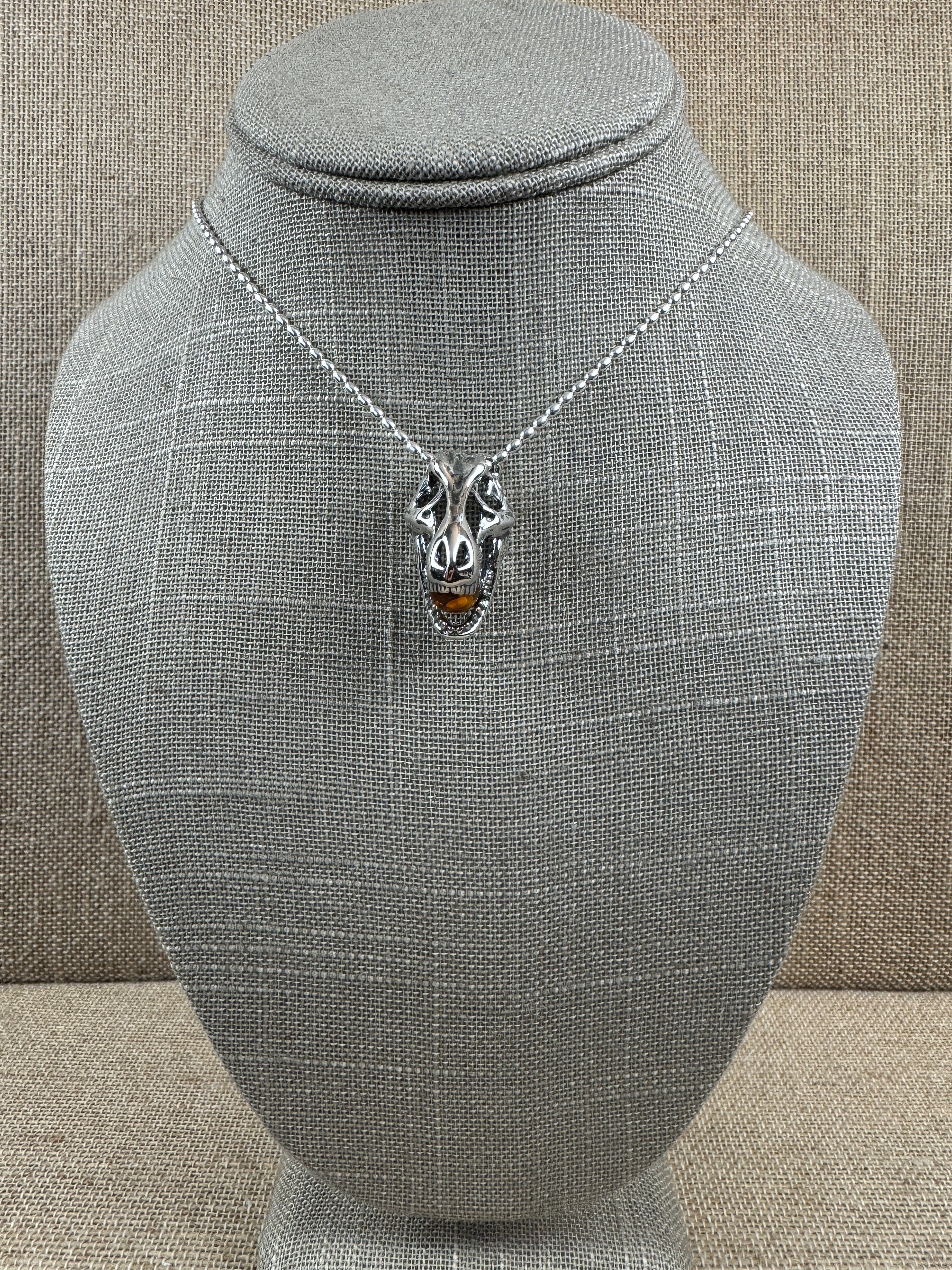 Sterling Silver Tyrannosaurus Rex Pendant with Baltic Amber – Fierce & Fossil-Inspired - Shipped with Silver Chain