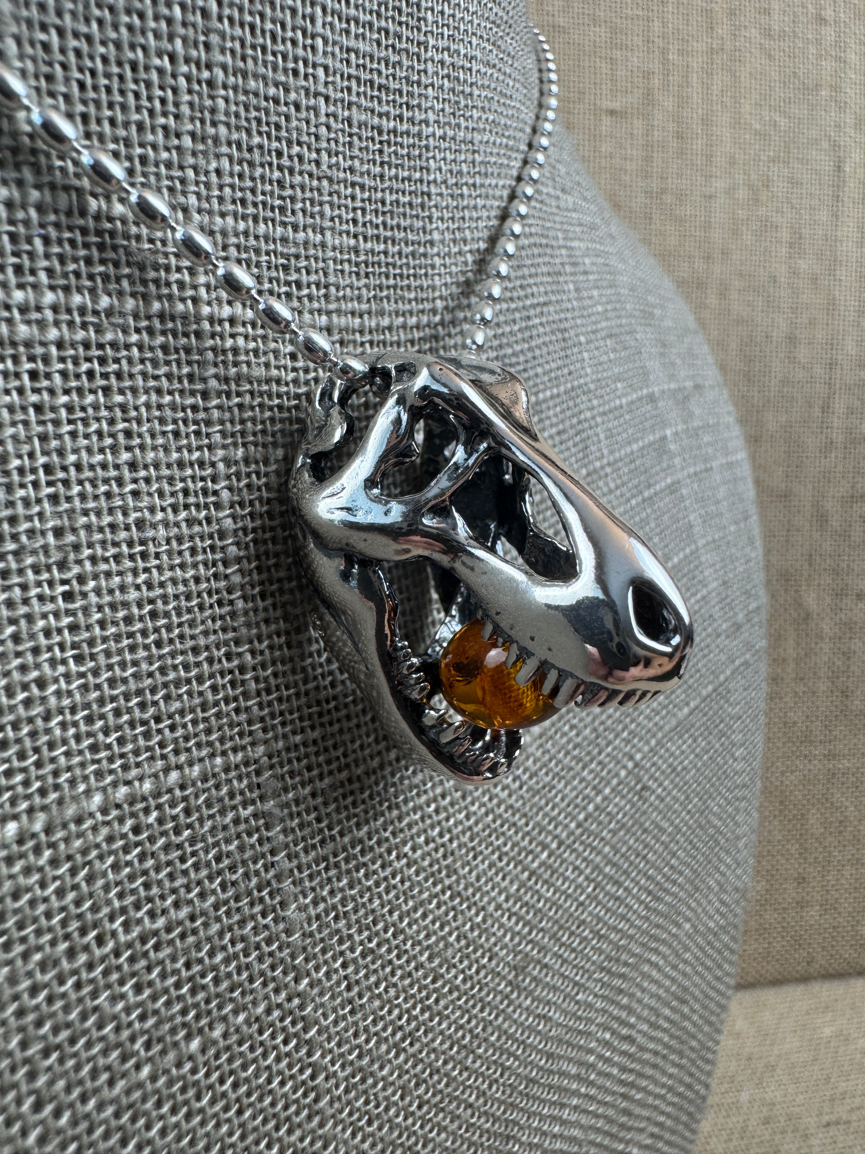 Sterling Silver Tyrannosaurus Rex Pendant with Baltic Amber – Fierce & Fossil-Inspired - Shipped with Silver Chain