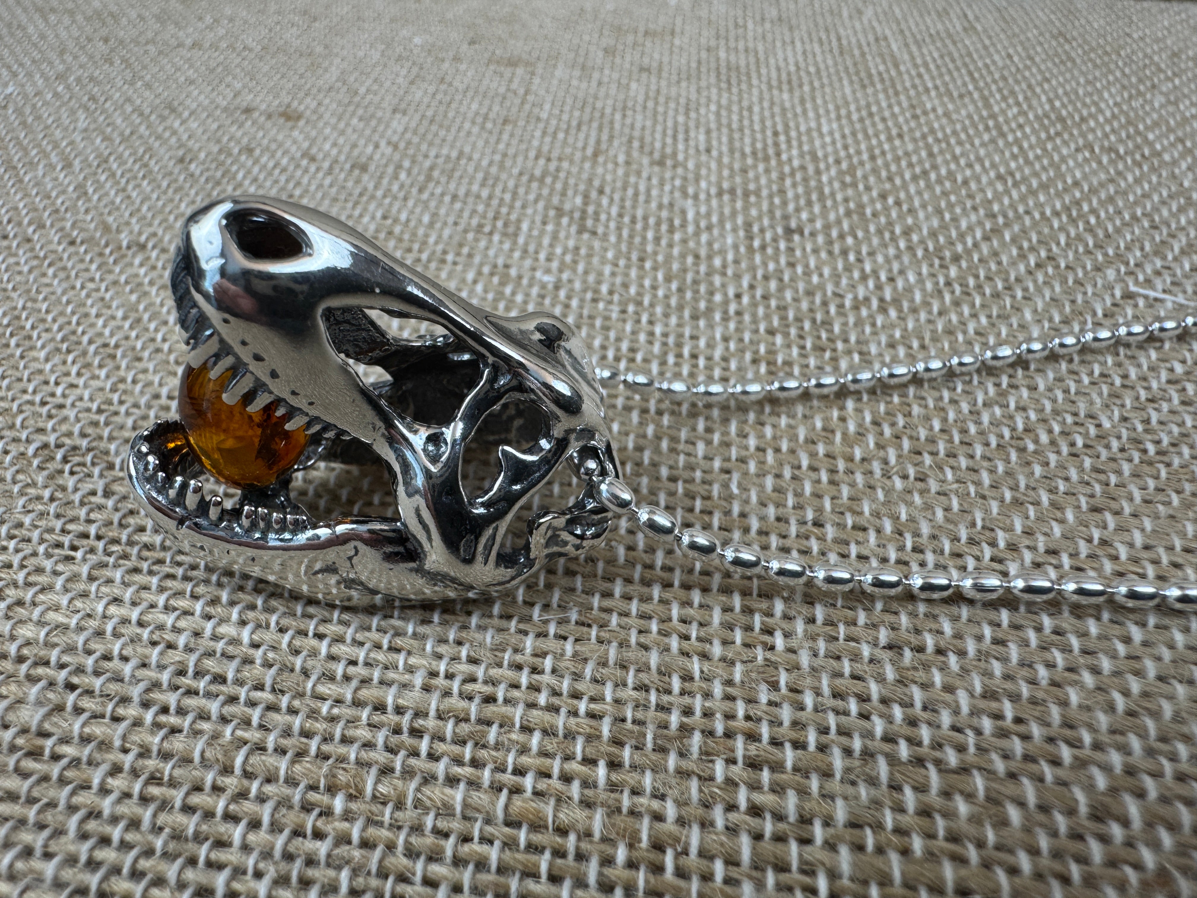 Sterling Silver Tyrannosaurus Rex Pendant with Baltic Amber – Fierce & Fossil-Inspired - Shipped with Silver Chain
