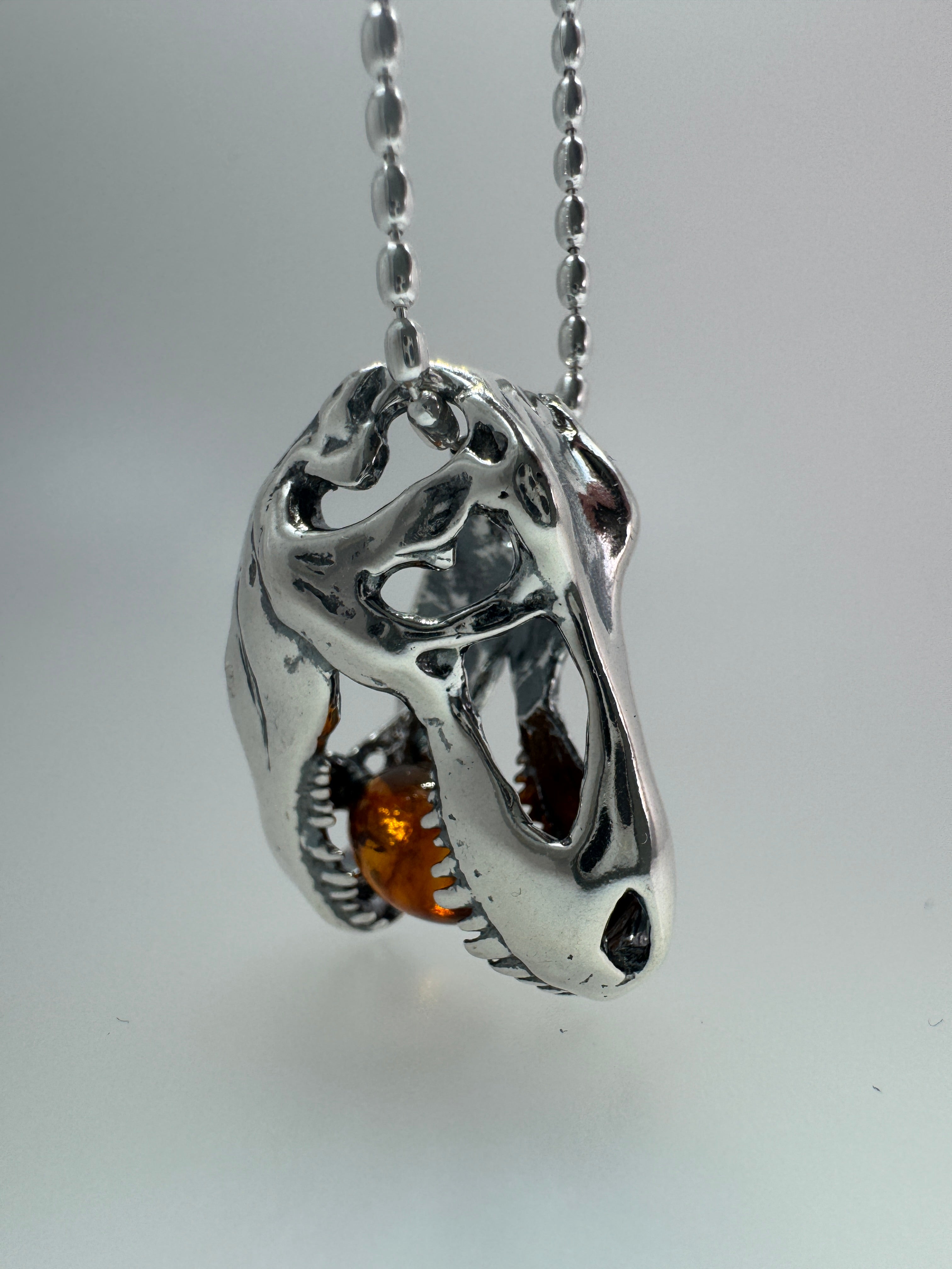 Sterling Silver Tyrannosaurus Rex Pendant with Baltic Amber – Fierce & Fossil-Inspired - Shipped with Silver Chain