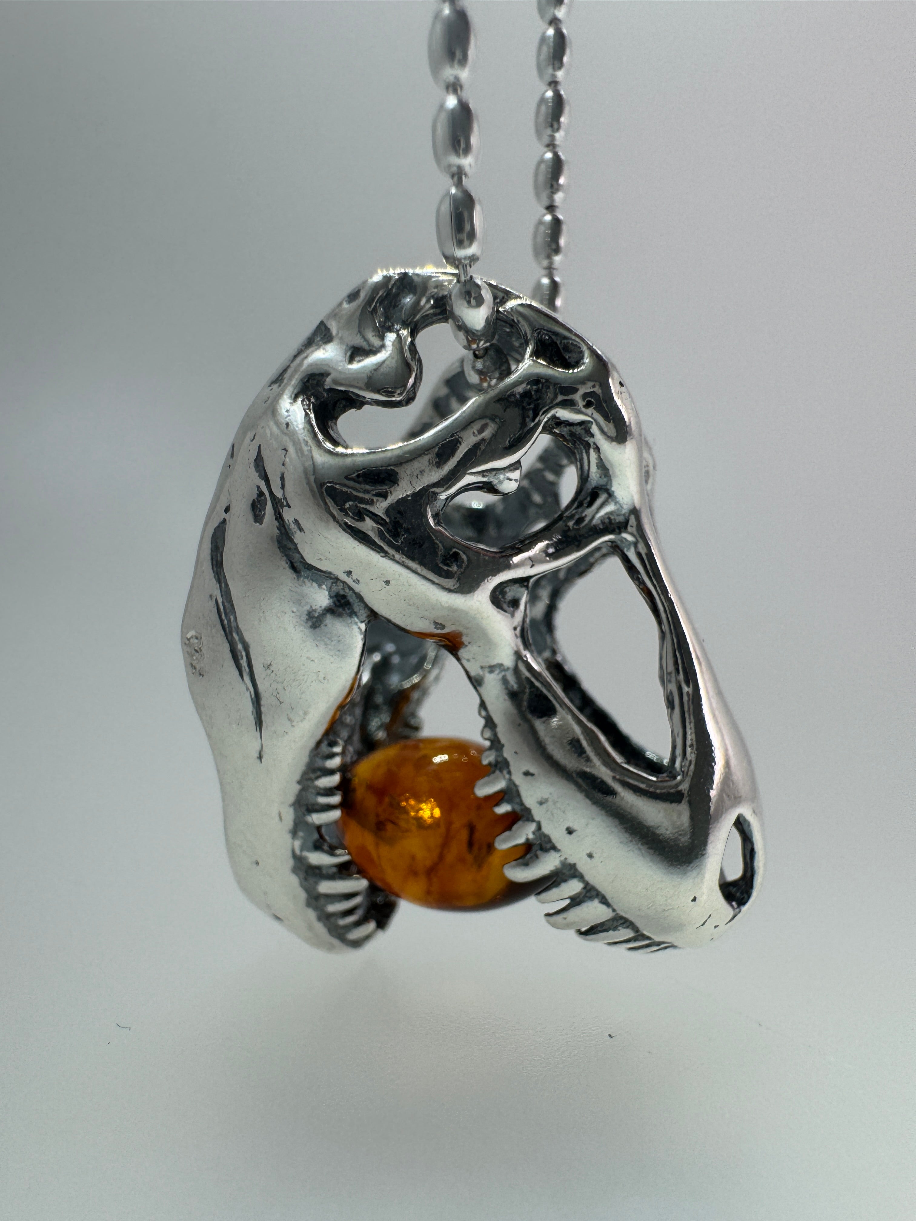 Sterling Silver Tyrannosaurus Rex Pendant with Baltic Amber – Fierce & Fossil-Inspired - Shipped with Silver Chain