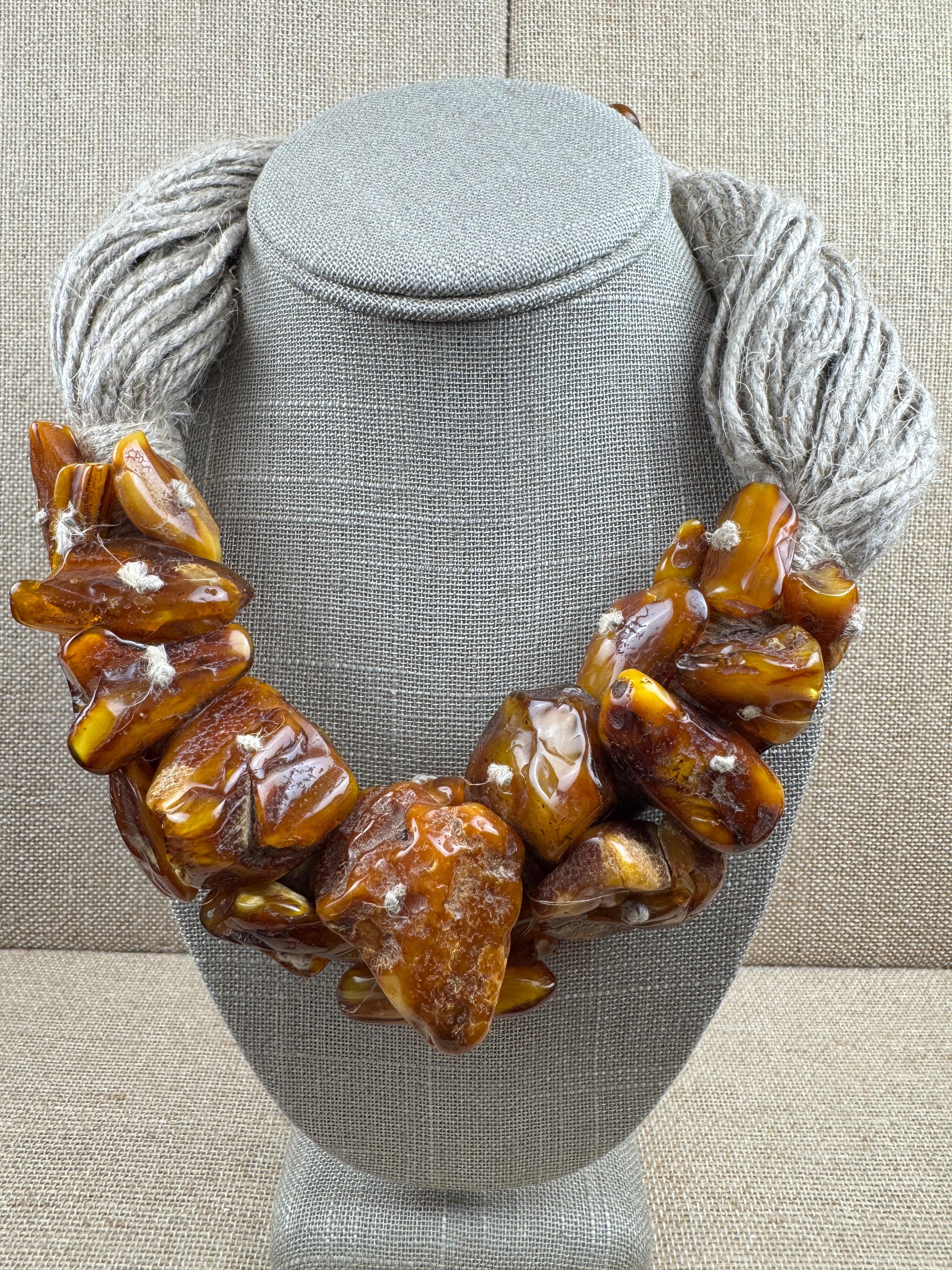 One-of-a-Kind Museum Quality Wool Fiber and Butterscotch Amber Necklace – 19 Inch Statement