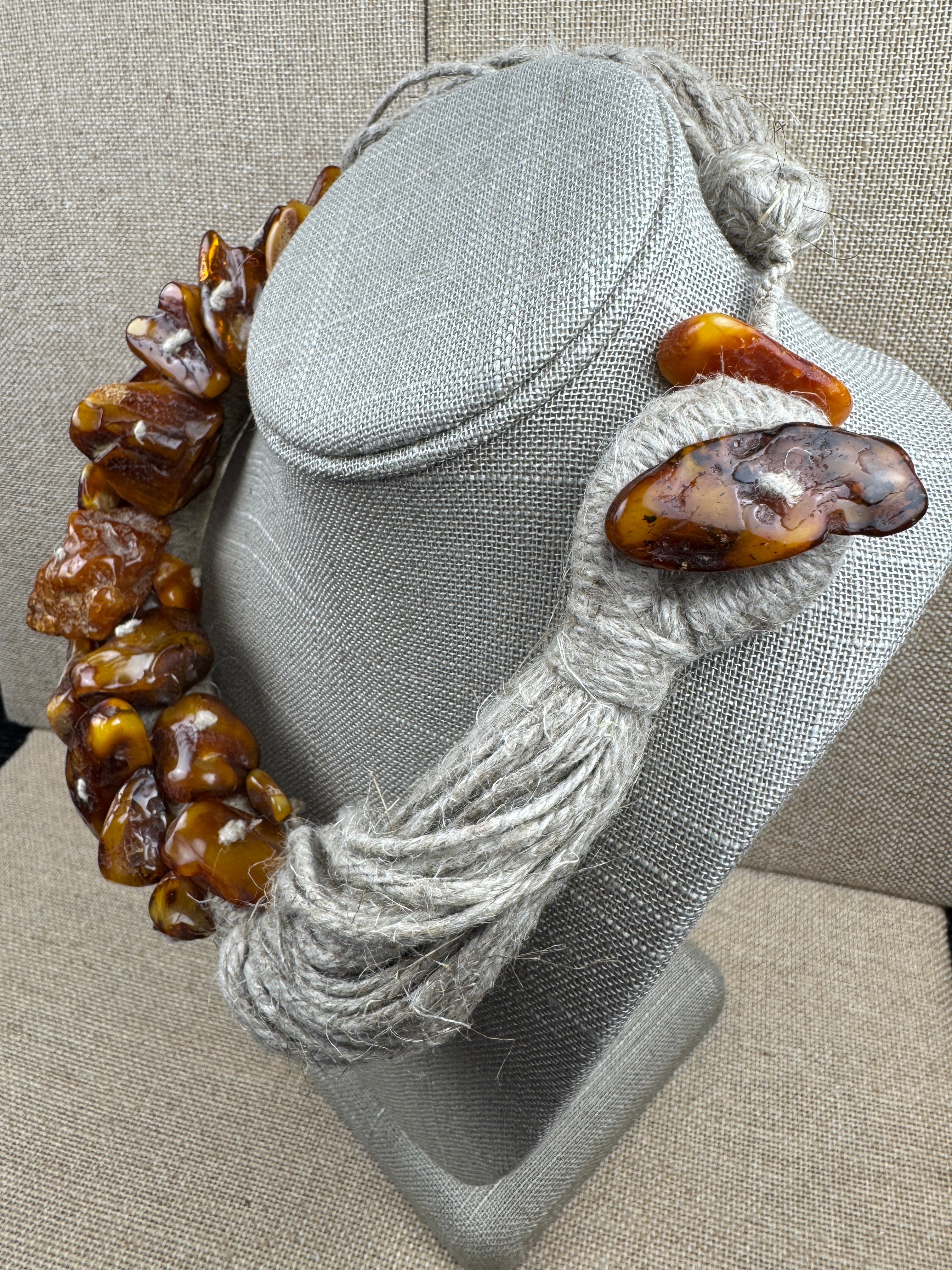 One-of-a-Kind Museum Quality Wool Fiber and Butterscotch Amber Necklace – 19 Inch Statement