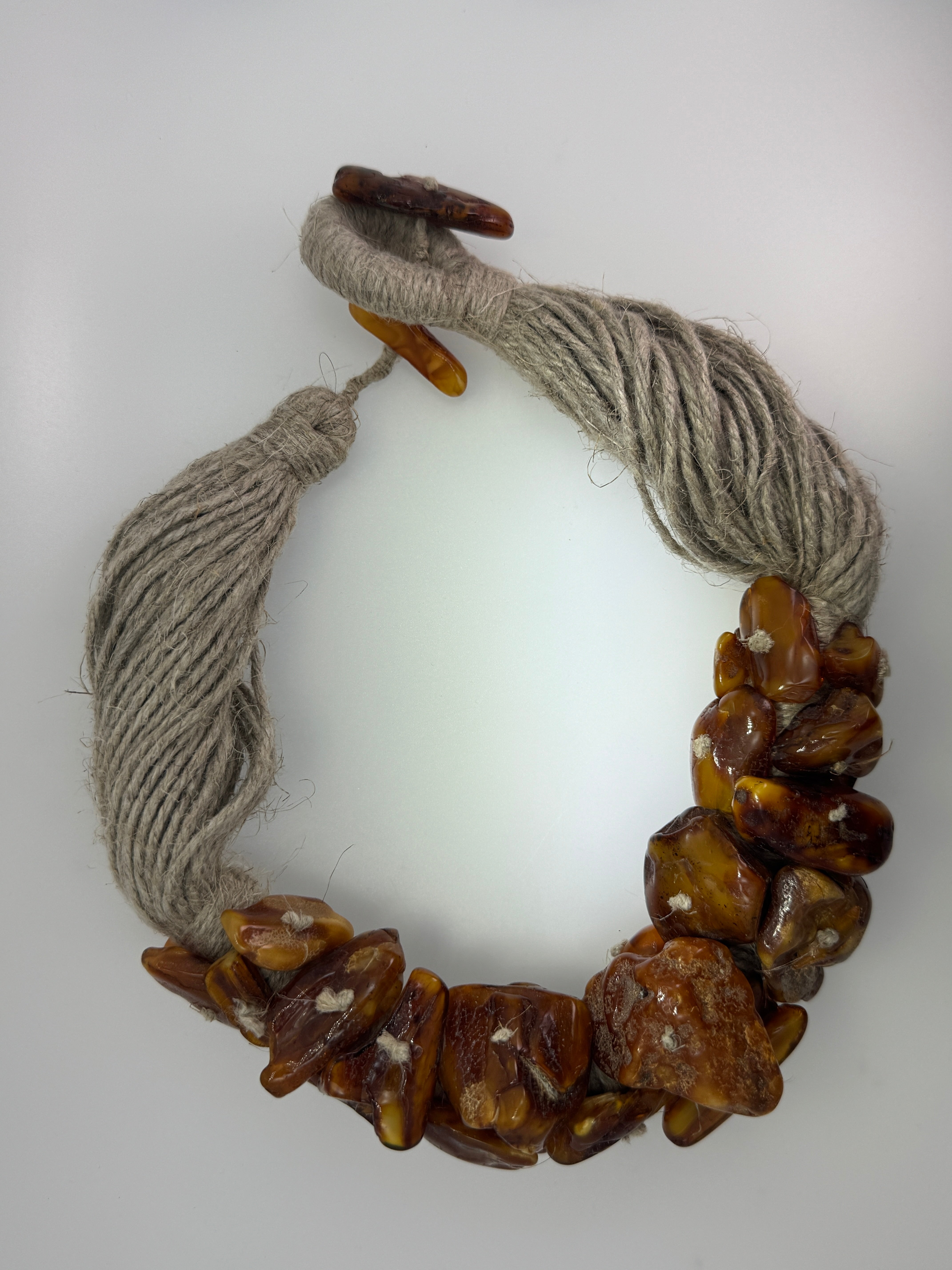 One-of-a-Kind Museum Quality Wool Fiber and Butterscotch Amber Necklace – 19 Inch Statement