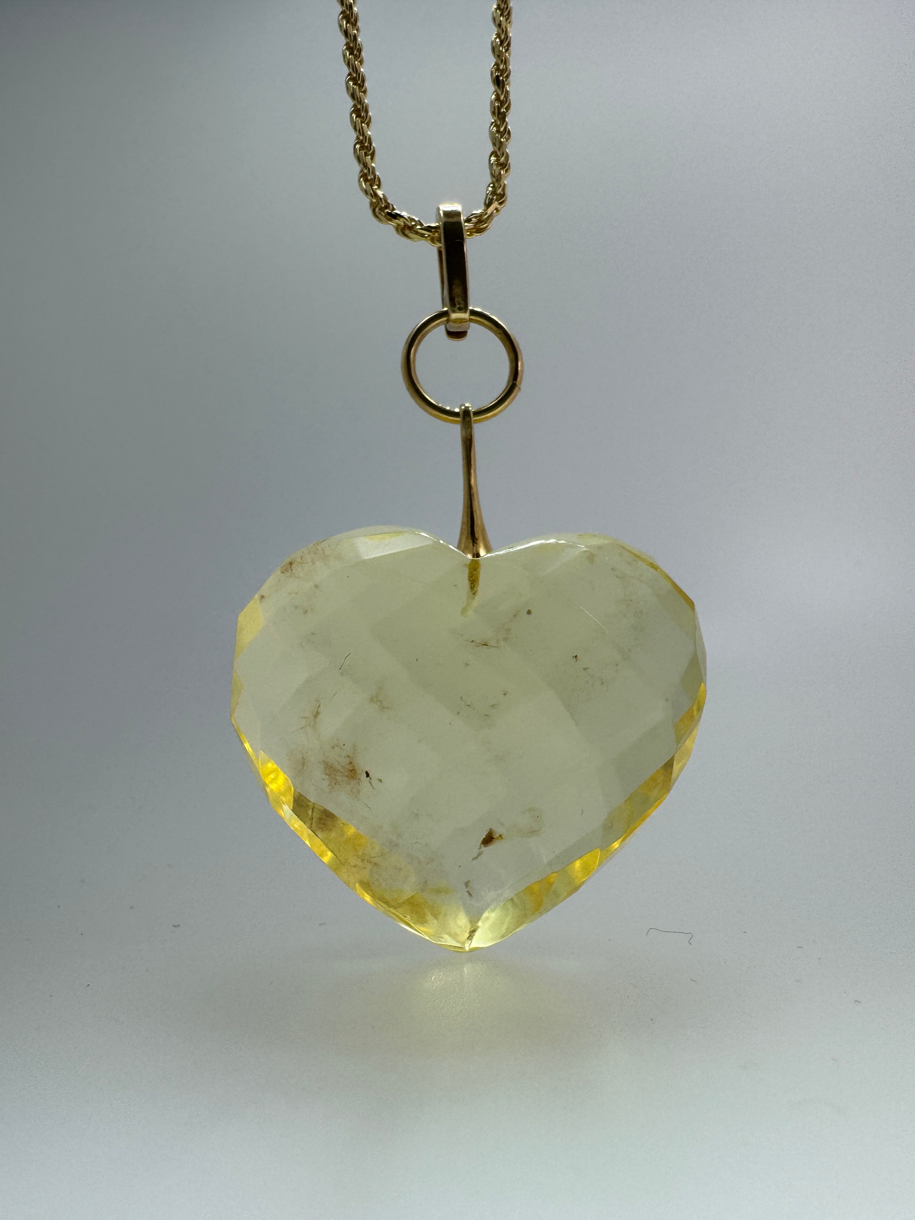 Hand-Faceted Lemon Baltic Amber Puffy Heart Pendant – Gold-Plated Sterling Silver Chain