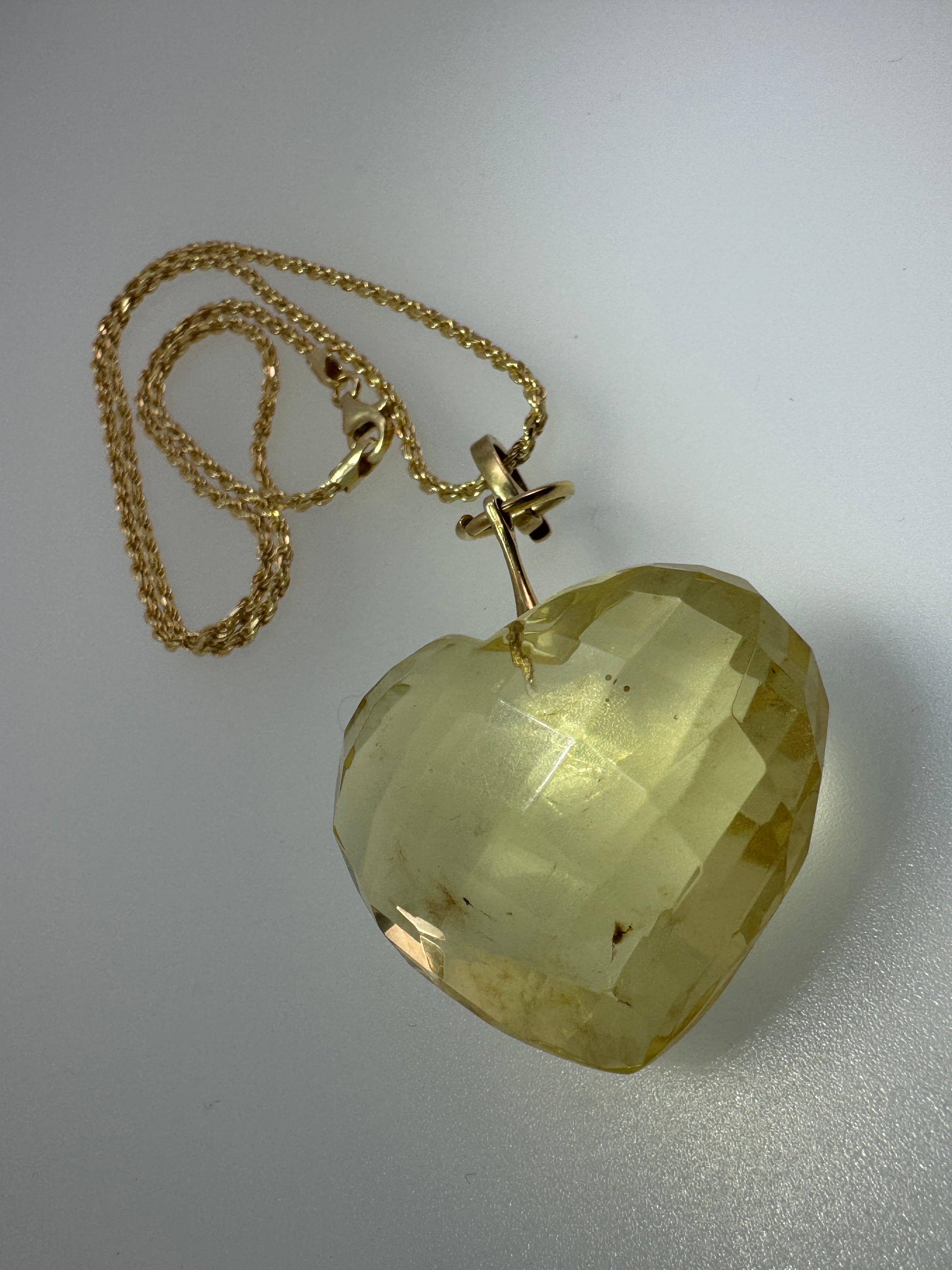 Hand-Faceted Lemon Baltic Amber Puffy Heart Pendant – Gold-Plated Sterling Silver Chain