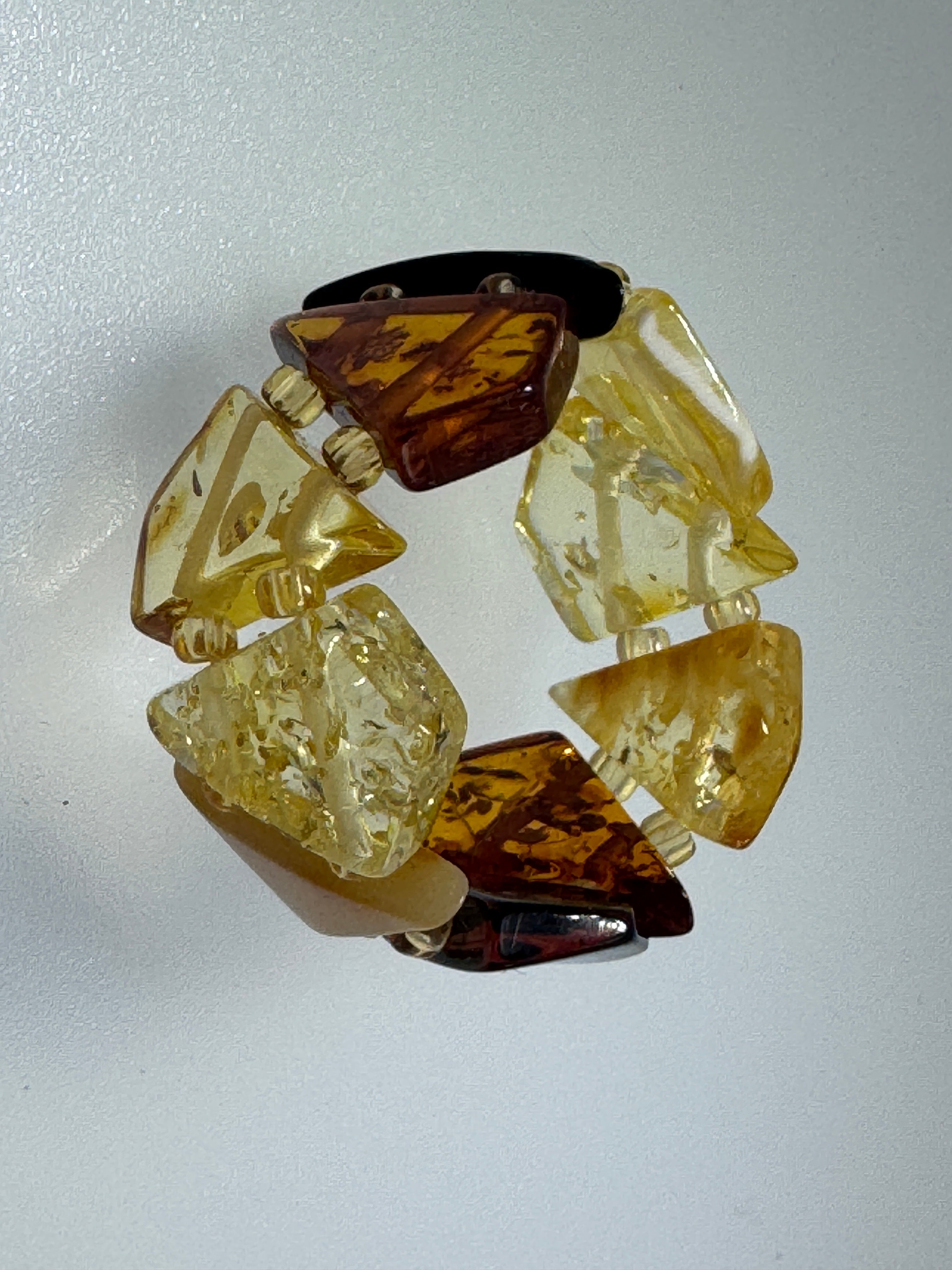 Adjustable Baltic Amber Beaded Ring – Stretch Fit in Rainbow Honey Tones - Butterscotch, Lemon, Cognac & Cherry Beads, Made in Lithuania