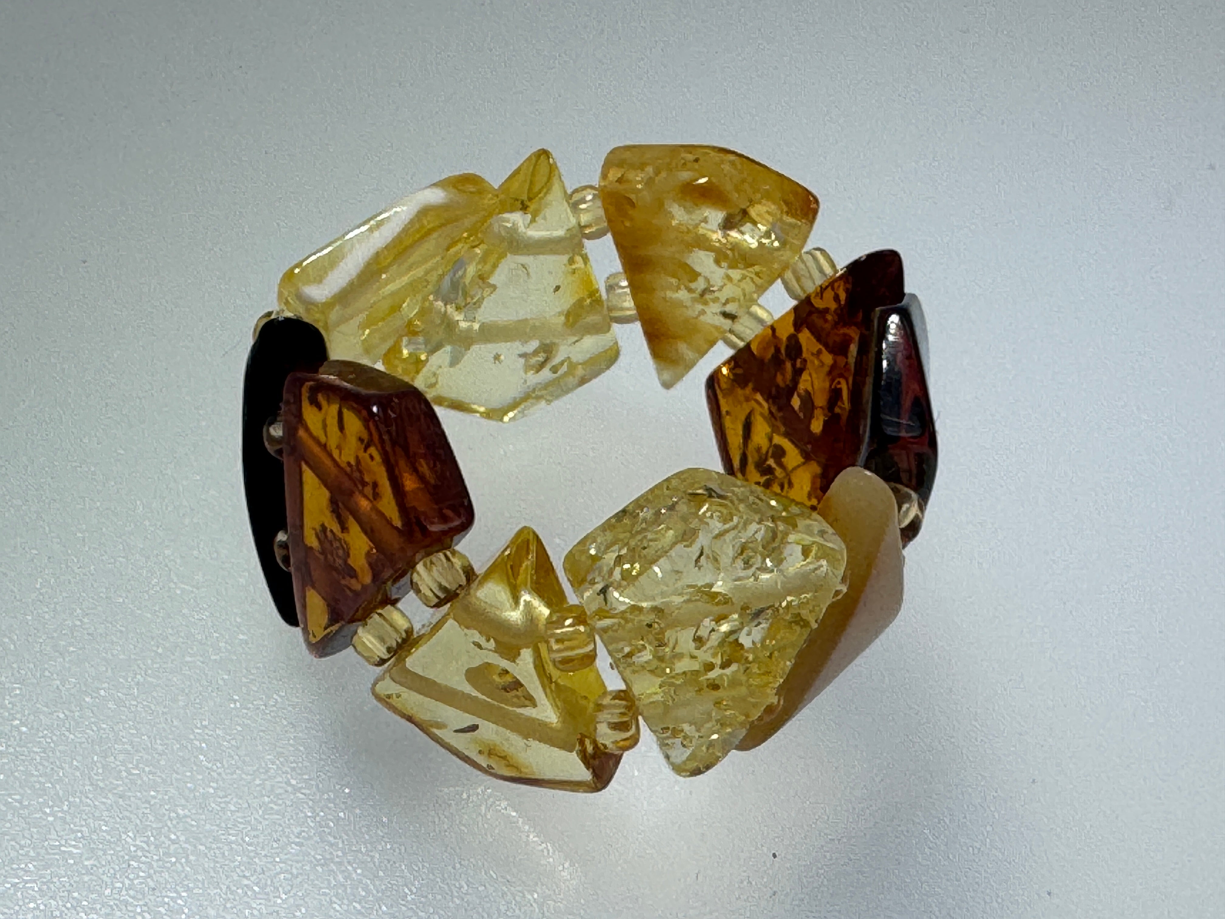 Adjustable Baltic Amber Beaded Ring – Stretch Fit in Rainbow Honey Tones - Butterscotch, Lemon, Cognac & Cherry Beads, Made in Lithuania