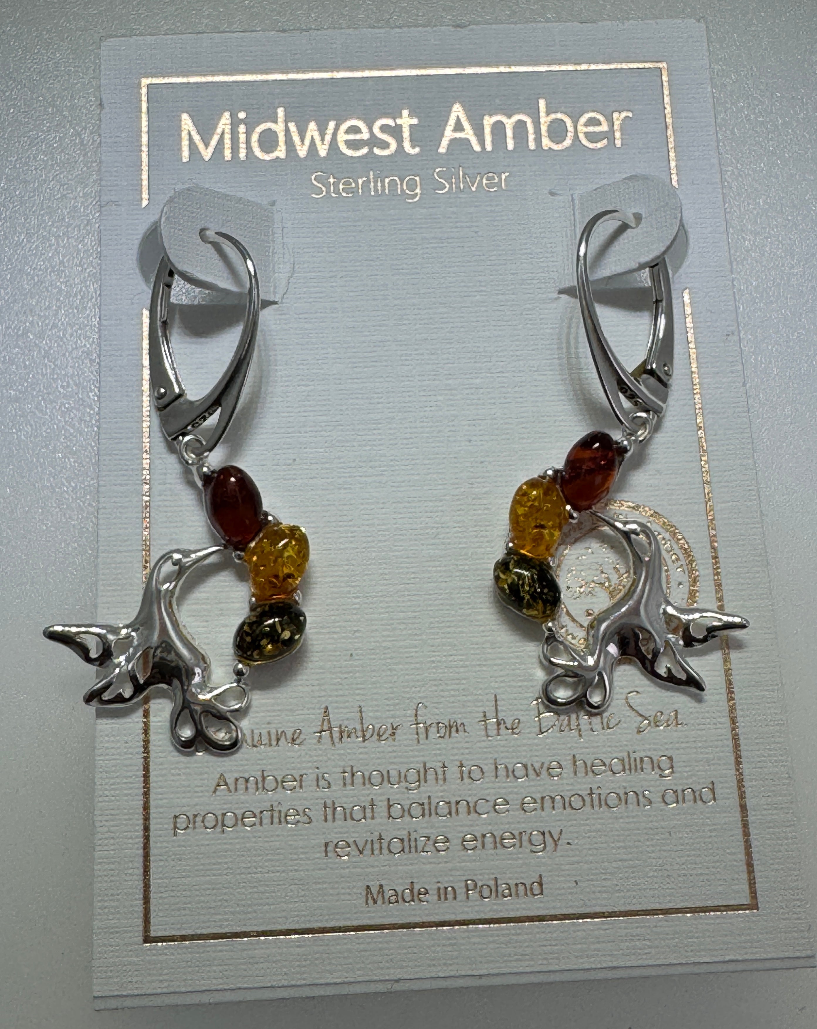 Hummingbird Baltic Amber Earrings – Sterling Silver Lever Back Dangle with Multicolor Stones