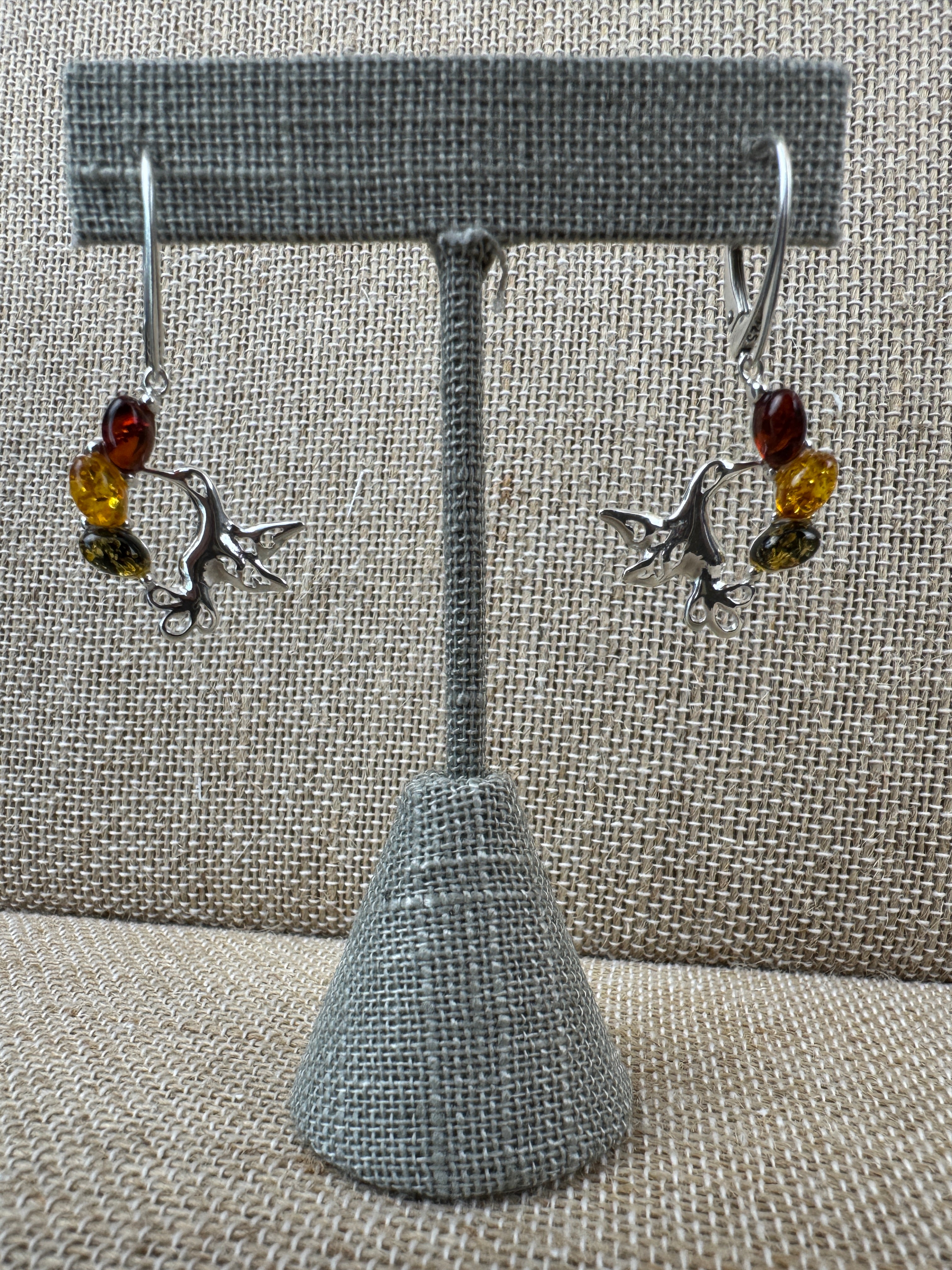 Hummingbird Baltic Amber Earrings – Sterling Silver Lever Back Dangle with Multicolor Stones