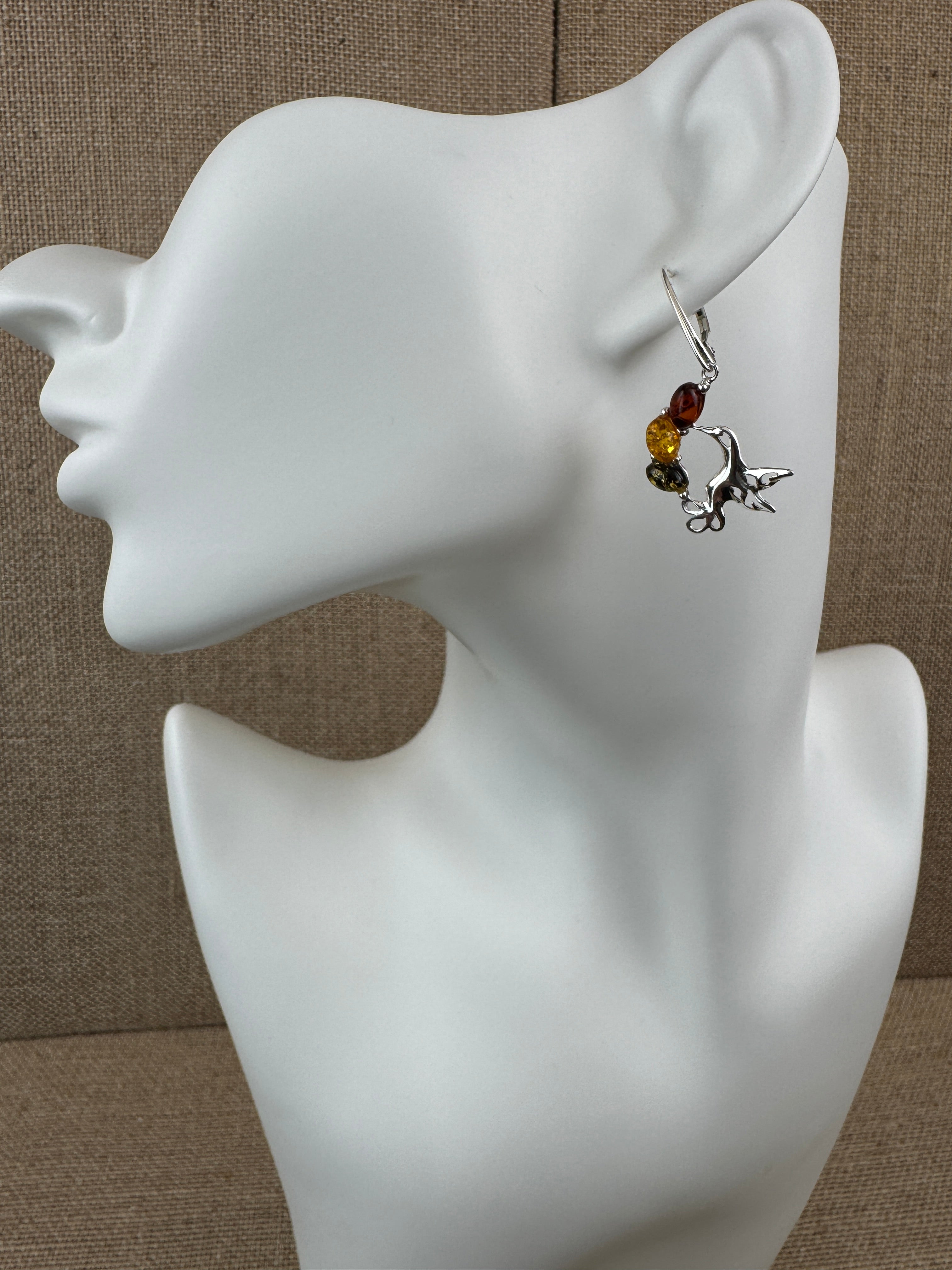 Hummingbird Baltic Amber Earrings – Sterling Silver Lever Back Dangle with Multicolor Stones