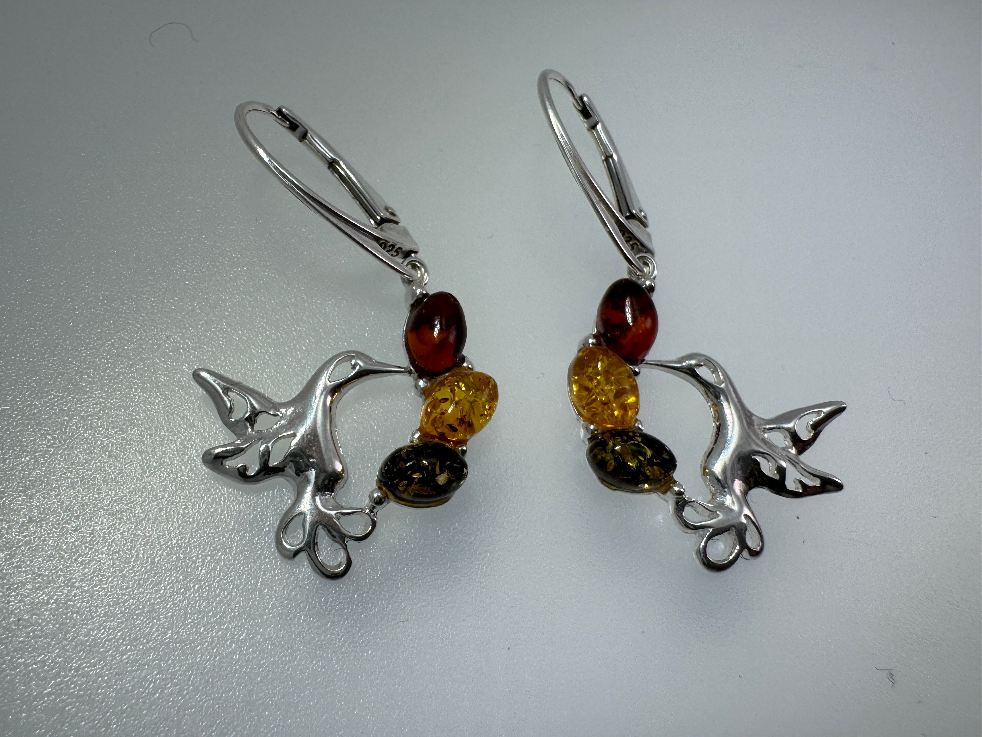 Hummingbird Baltic Amber Earrings – Sterling Silver Lever Back Dangle with Multicolor Stones