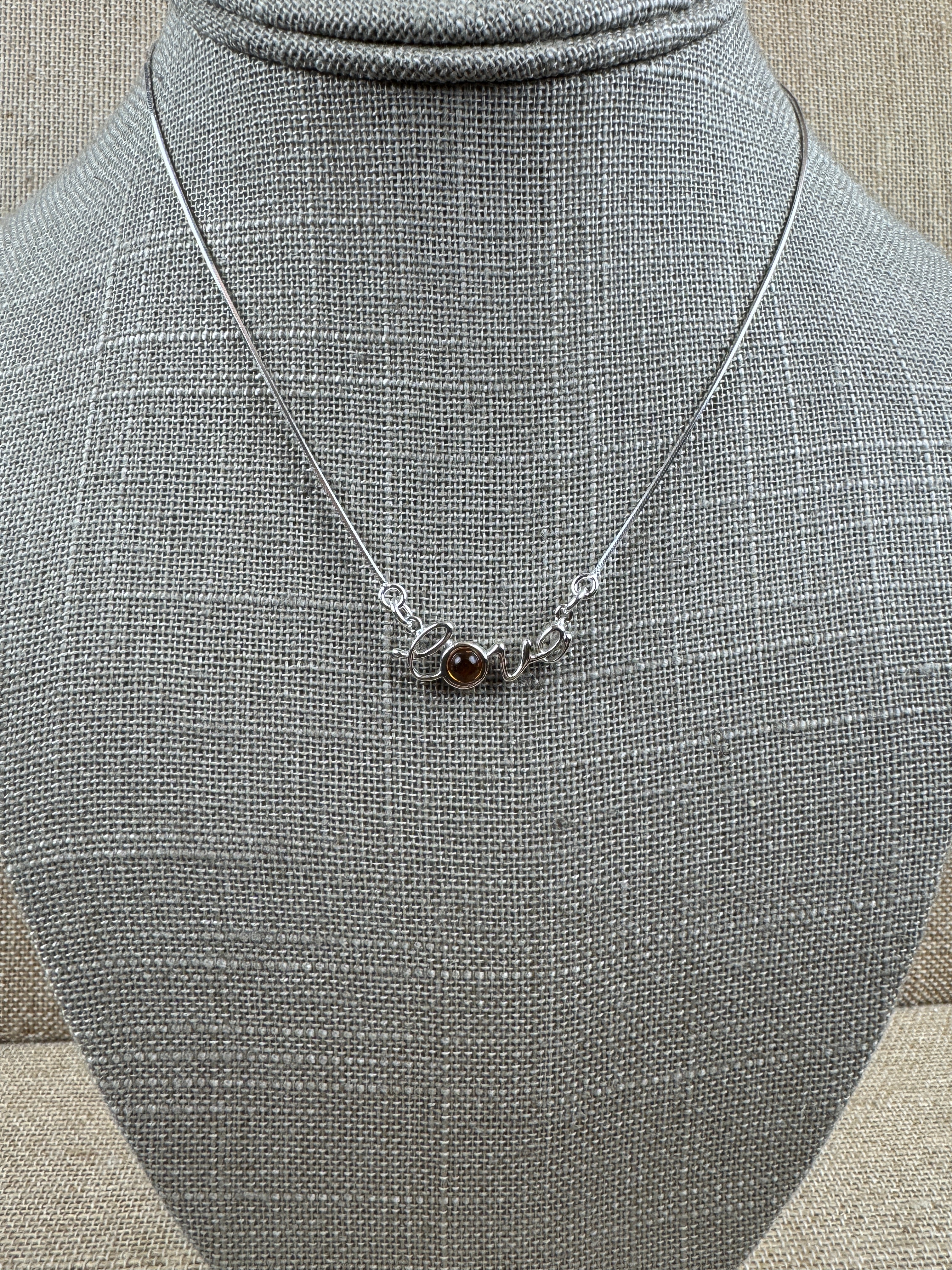 Dainty Script Sterling Silver “Love” Necklace with Baltic Amber Accent – 16”+2” Extension