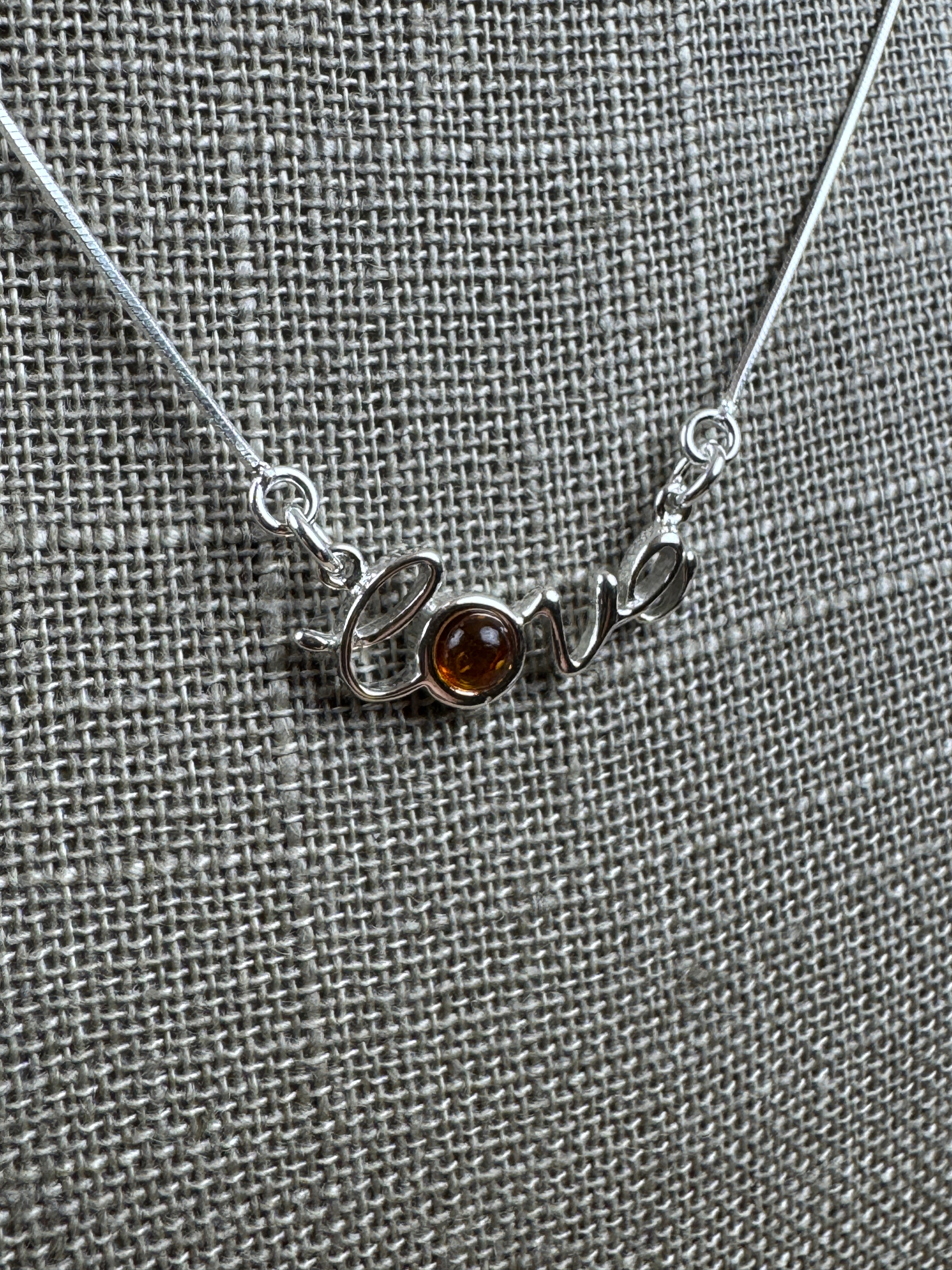 Dainty Script Sterling Silver “Love” Necklace with Baltic Amber Accent – 16”+2” Extension