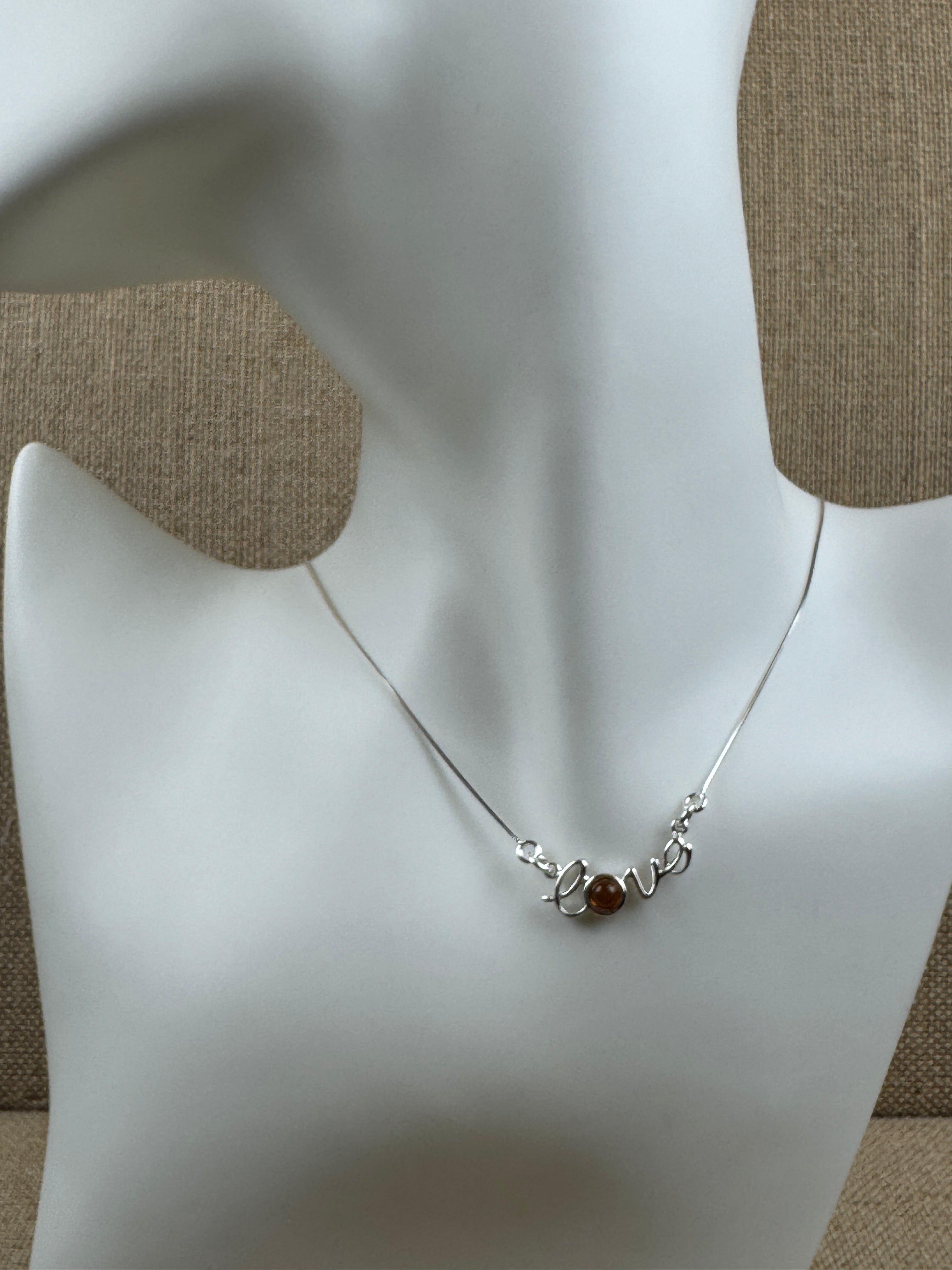Dainty Script Sterling Silver “Love” Necklace with Baltic Amber Accent – 16”+2” Extension
