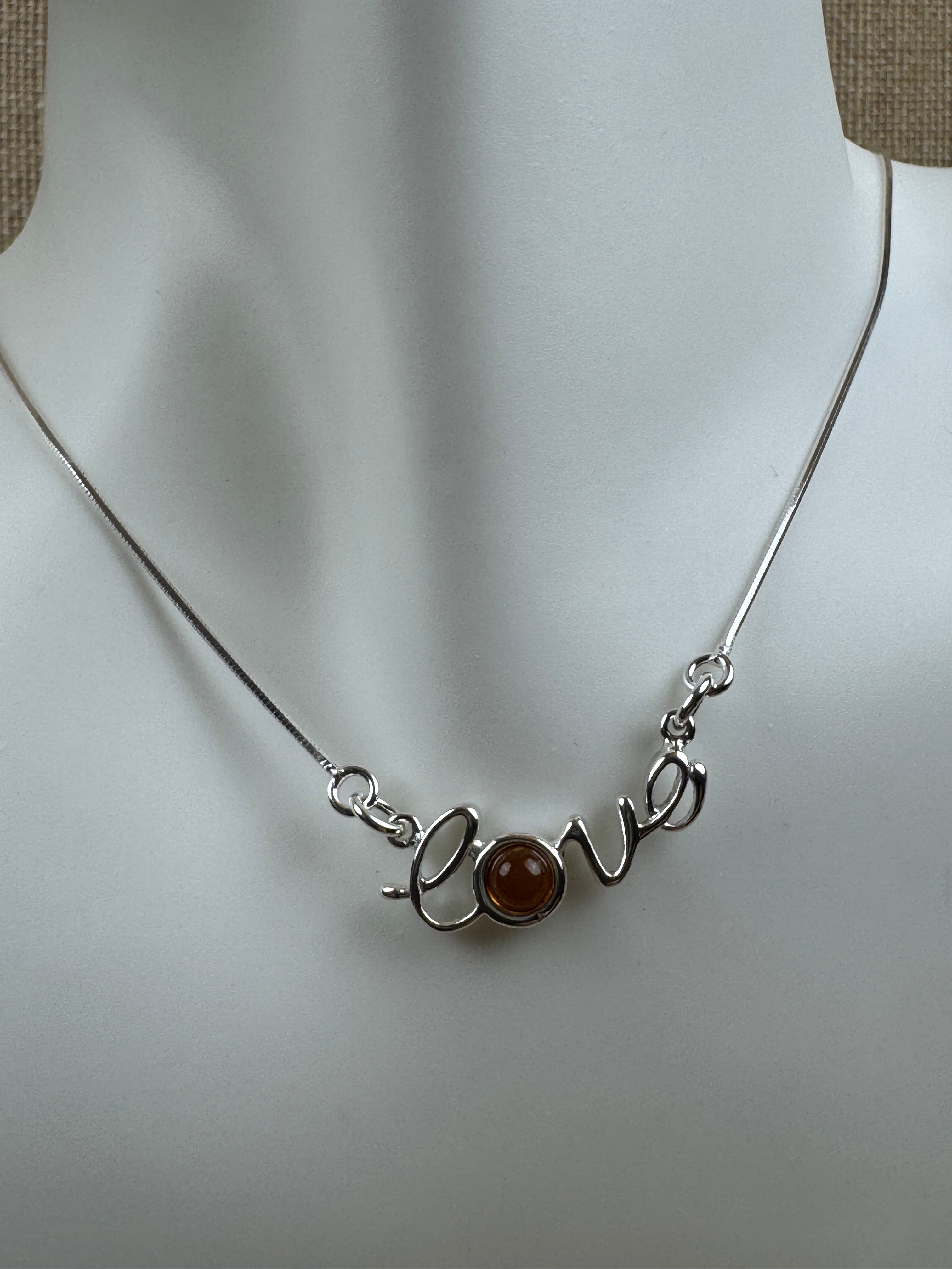 Dainty Script Sterling Silver “Love” Necklace with Baltic Amber Accent – 16”+2” Extension
